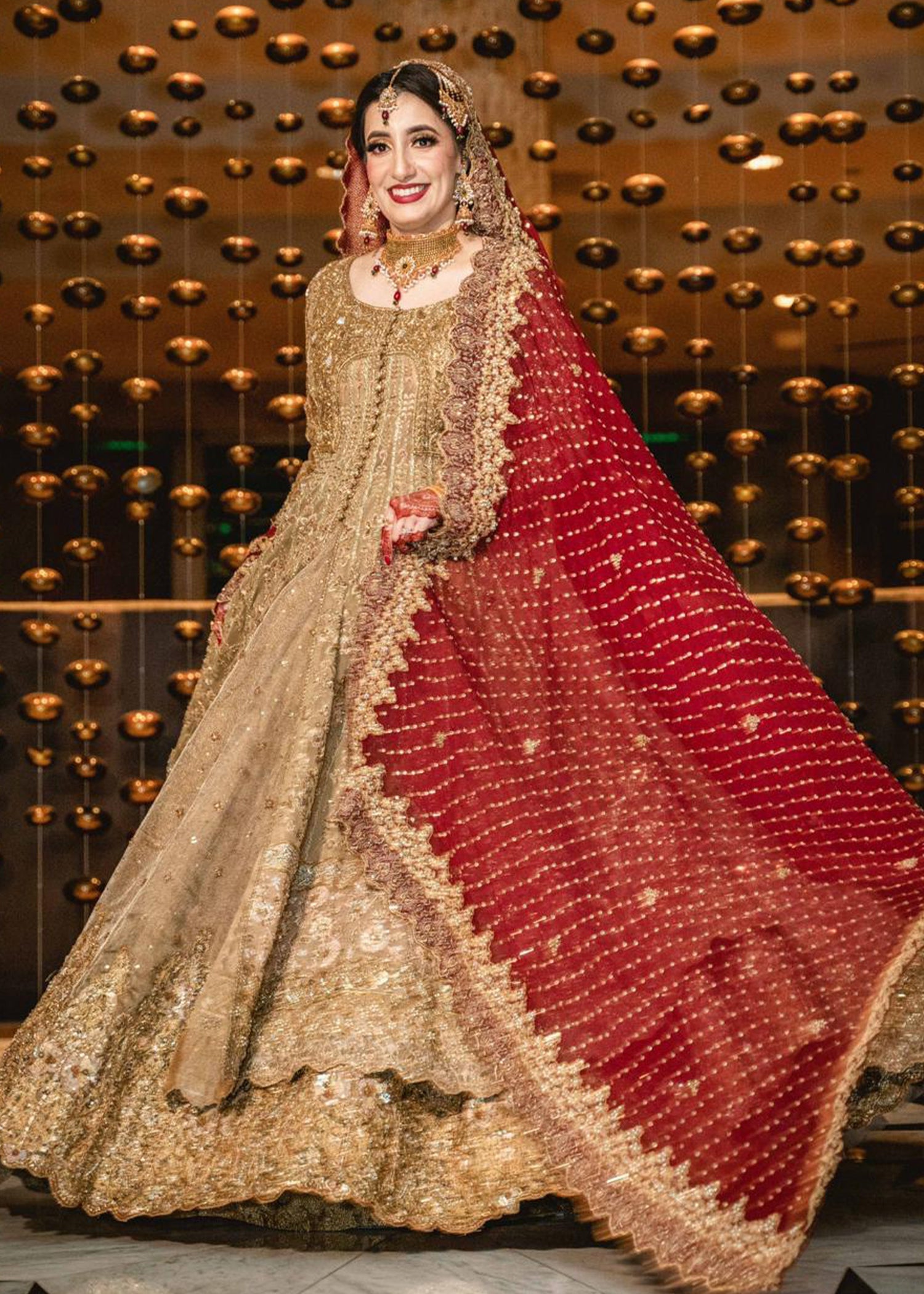 Antique Gold Embellished Tissue Silk Bridal Lehenga (3-Piece) - Image 2