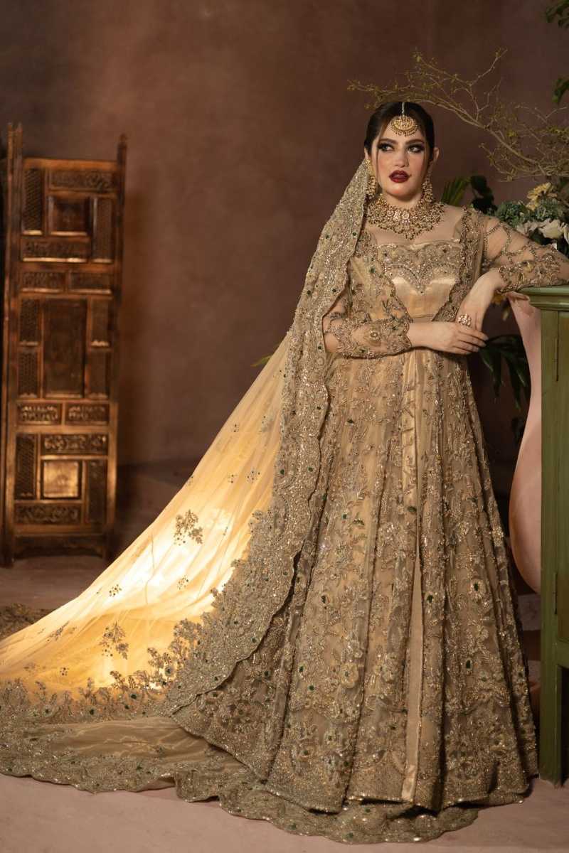 Antique Gold Embellished Silk Bridal Lehenga (3-Piece) - Image 1