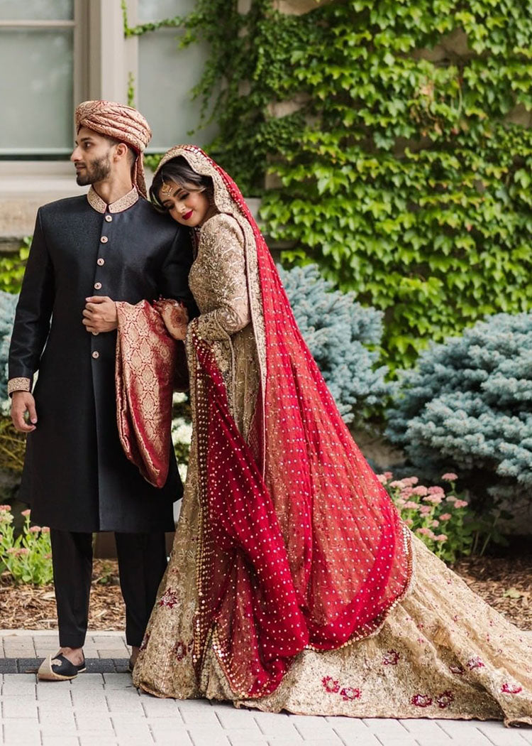 Pakistani Antique Gold Embellished Net Silk Bridal Lehenga (3-Piece) - Image 1