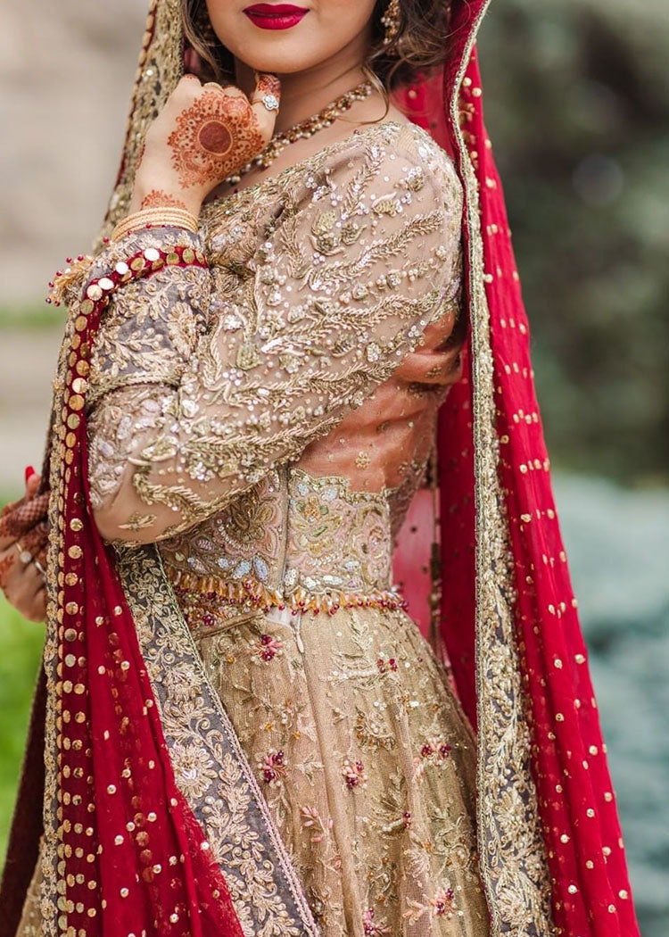 Pakistani Antique Gold Embellished Net Silk Bridal Lehenga (3-Piece) - Image 3