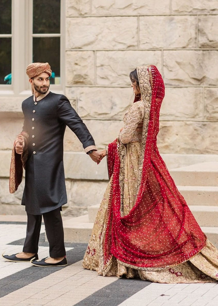 Pakistani Antique Gold Embellished Net Silk Bridal Lehenga (3-Piece) - Image 5