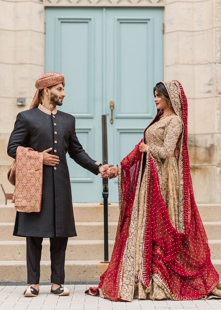 Pakistani Antique Gold Embellished Net Silk Bridal Lehenga (3-Piece) - Image 6