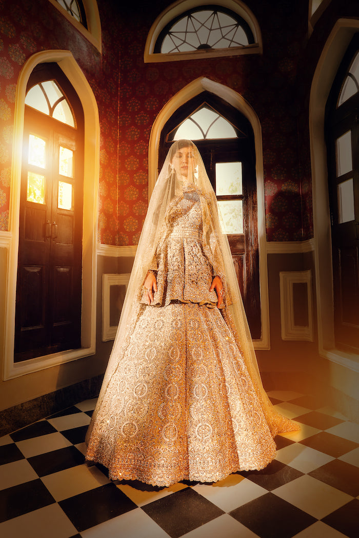 Golden Zardozi Swarovski Net Silk Lehenga (3-Piece) - Image 1