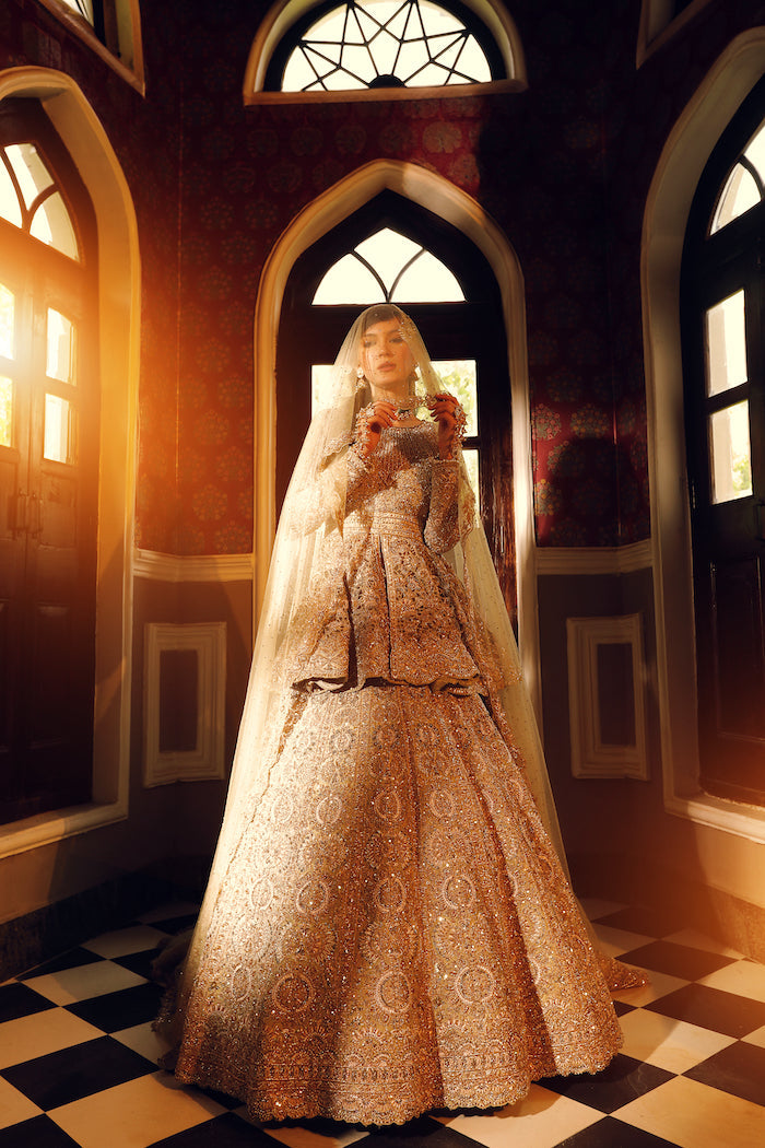 Golden Zardozi Swarovski Net Silk Lehenga (3-Piece) - Image 2