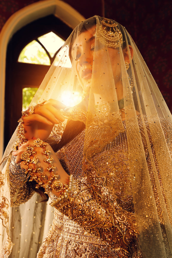 Golden Zardozi Swarovski Net Silk Lehenga (3-Piece) - Image 3