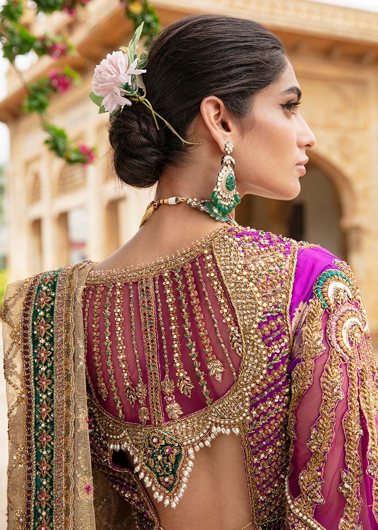 Pakistani Gold Magenta Embellished Silk-Blend Bridal Lehenga (3-Piece) - Image 5