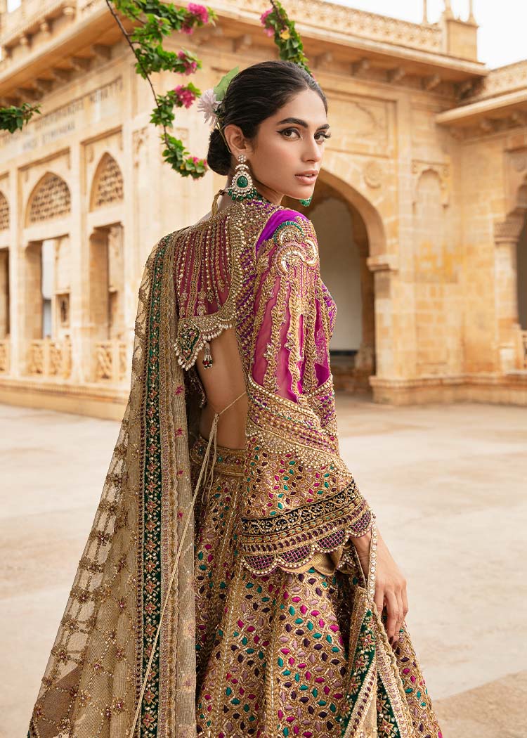 Pakistani Gold Magenta Embellished Silk-Blend Bridal Lehenga (3-Piece) - Image 6