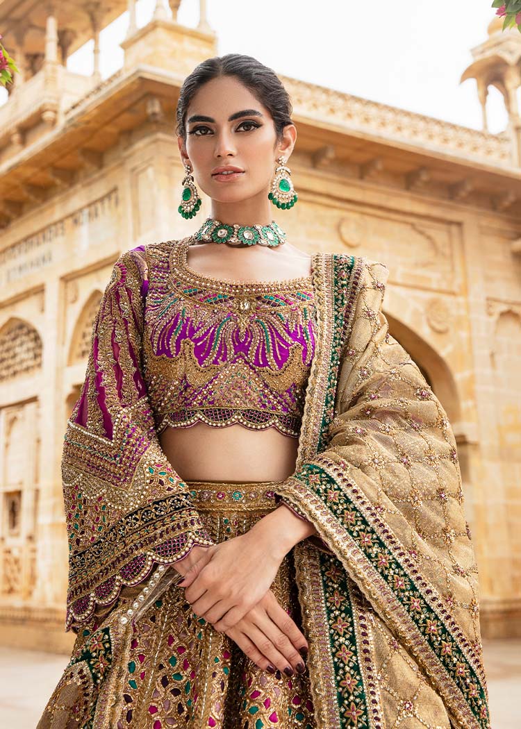 Pakistani Gold Magenta Embellished Silk-Blend Bridal Lehenga (3-Piece) - Image 7