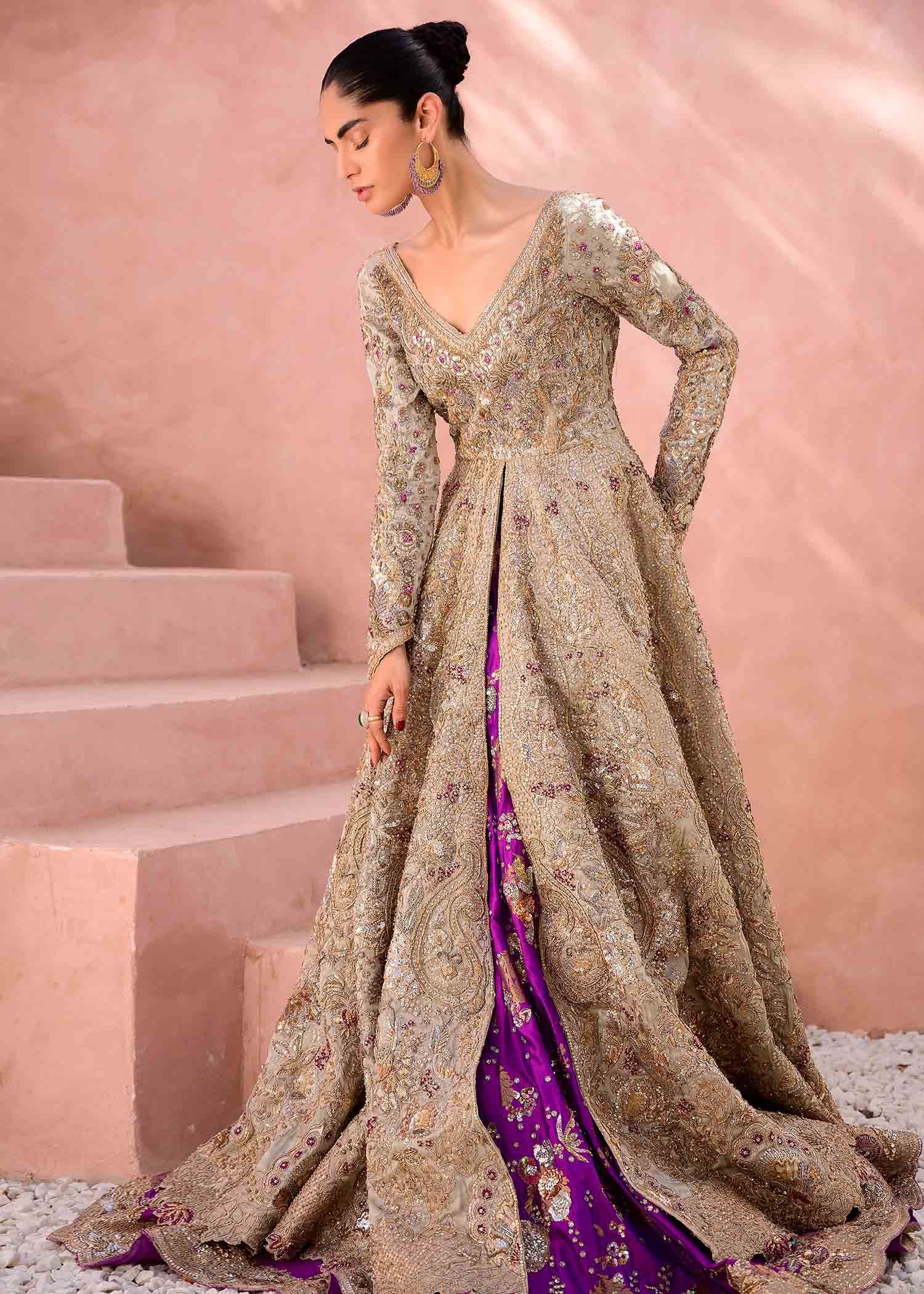 Pakistani Gold Embellished Silk-Brocade Bridal Lehenga Gown (3-Piece) - Image 3