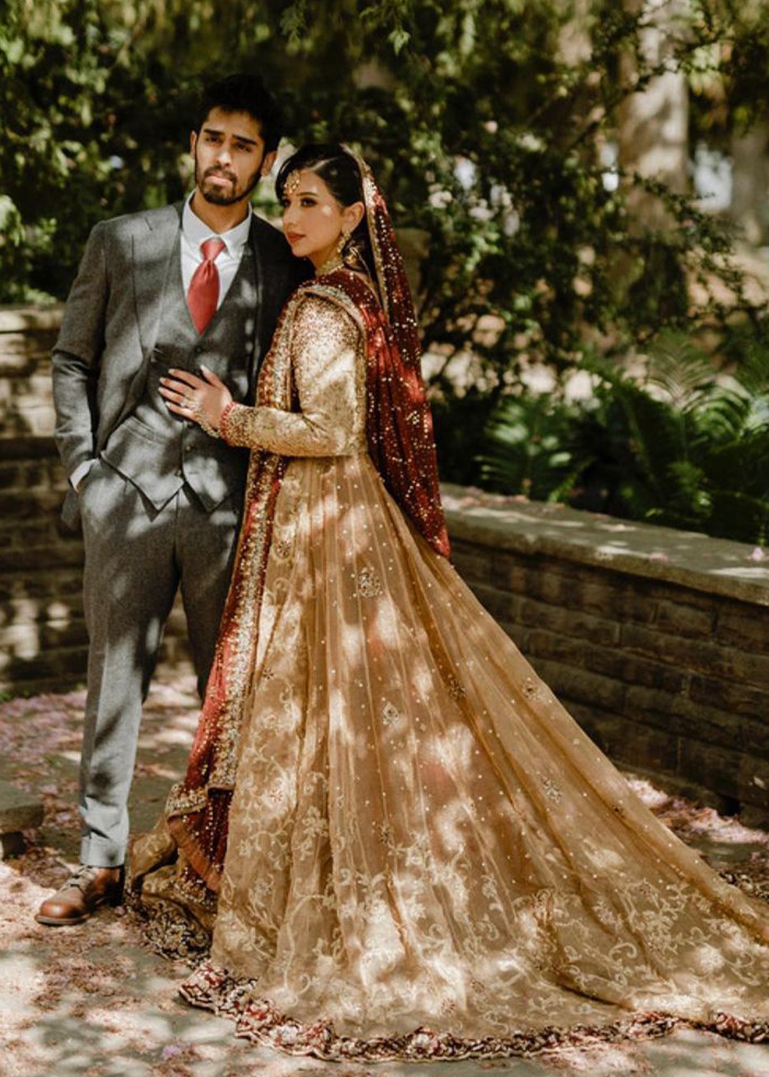 Pakistani Antique Gold & Maroon Embroidered Net Silk Lehenga (3-Piece) - Image 1