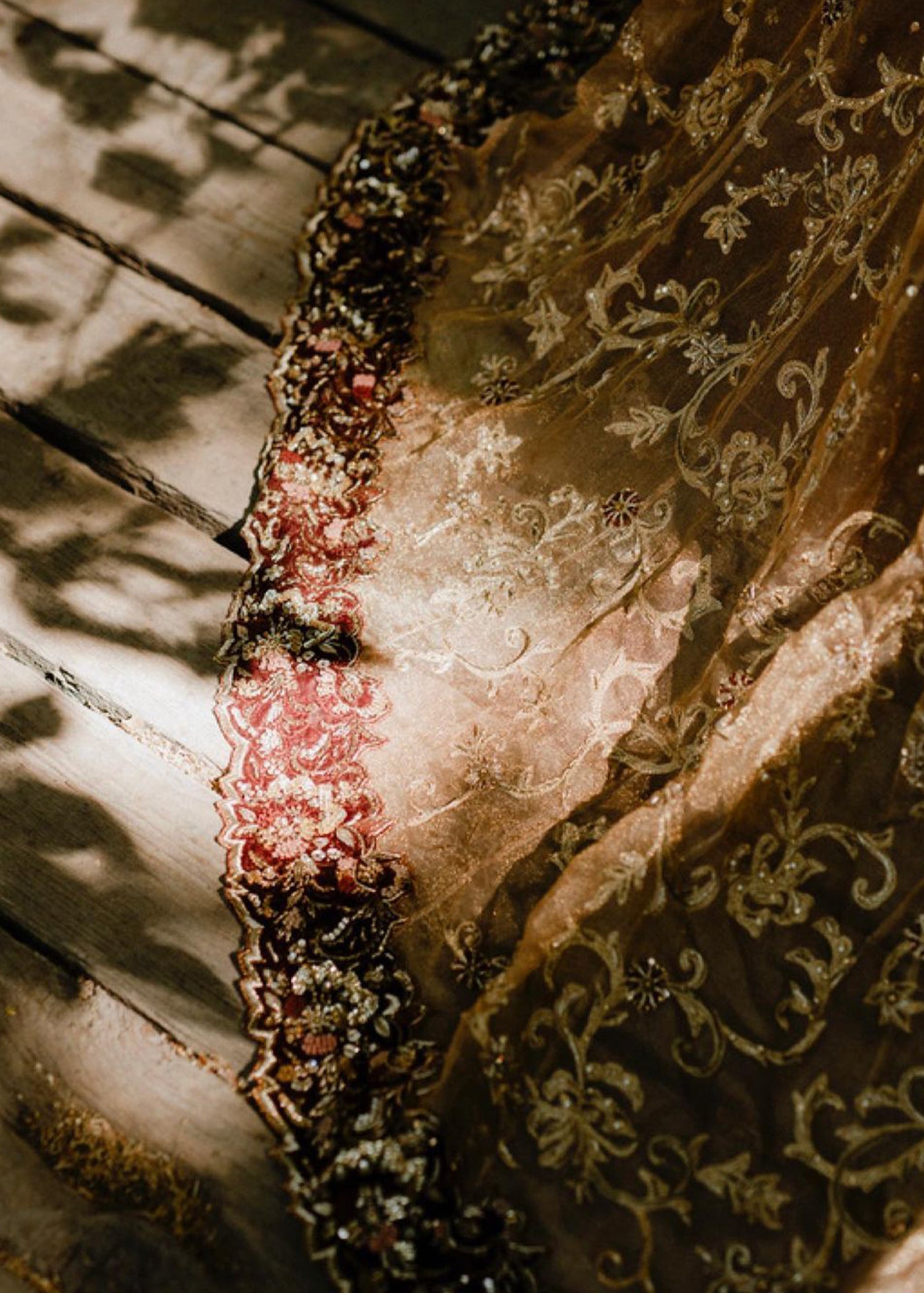 Pakistani Antique Gold & Maroon Embroidered Net Silk Lehenga (3-Piece) - Image 3