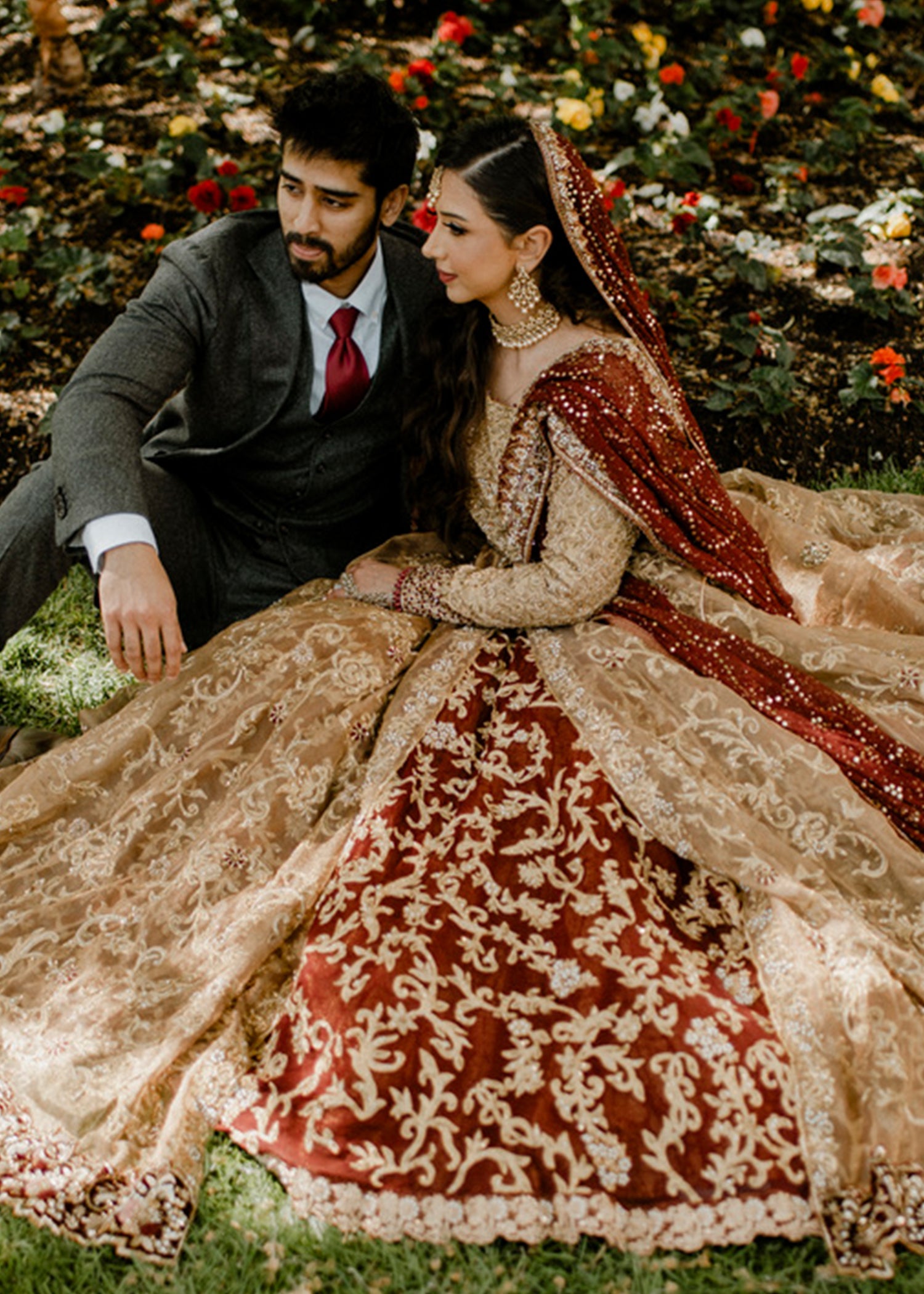 Pakistani Antique Gold & Maroon Embroidered Net Silk Lehenga (3-Piece) - Image 5