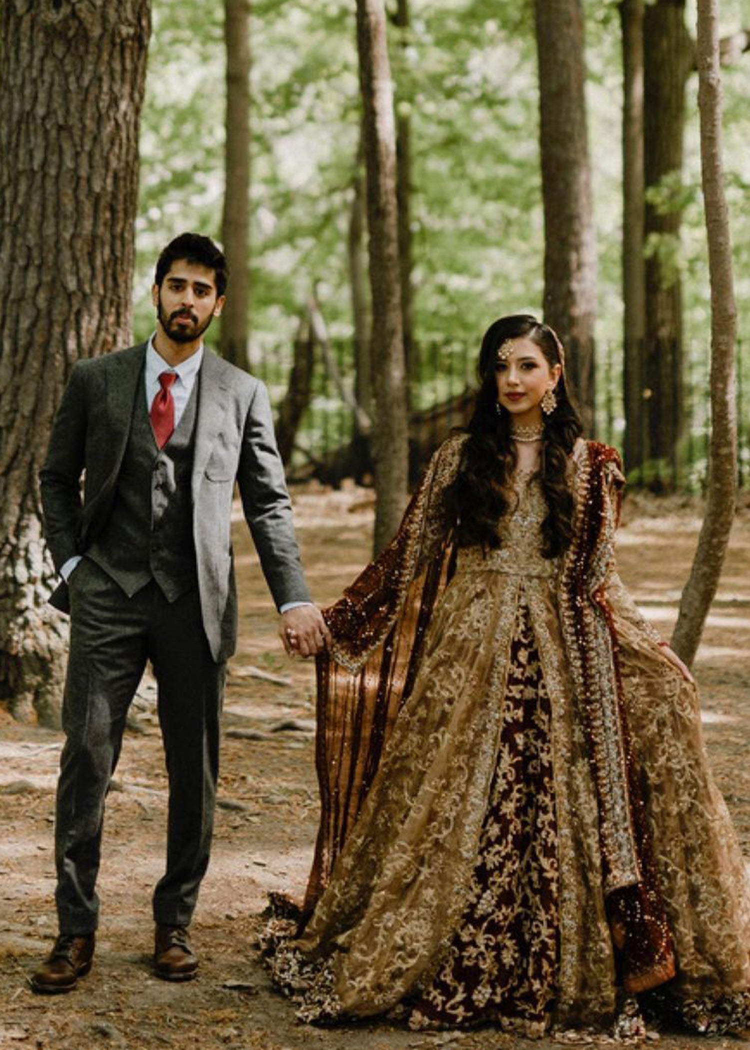 Pakistani Antique Gold & Maroon Embroidered Net Silk Lehenga (3-Piece) - Image 6