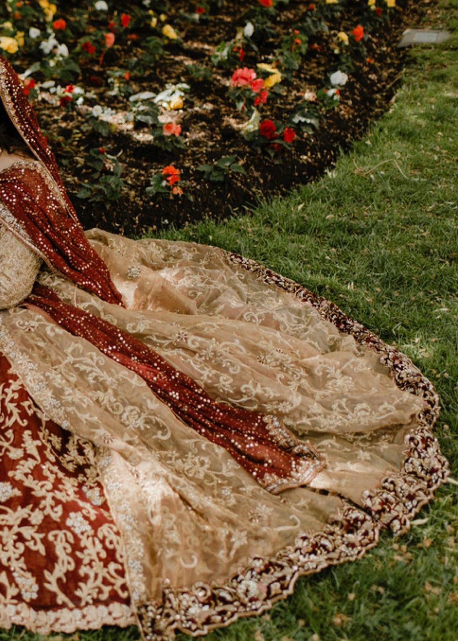 Pakistani Antique Gold & Maroon Embroidered Net Silk Lehenga (3-Piece) - Image 7