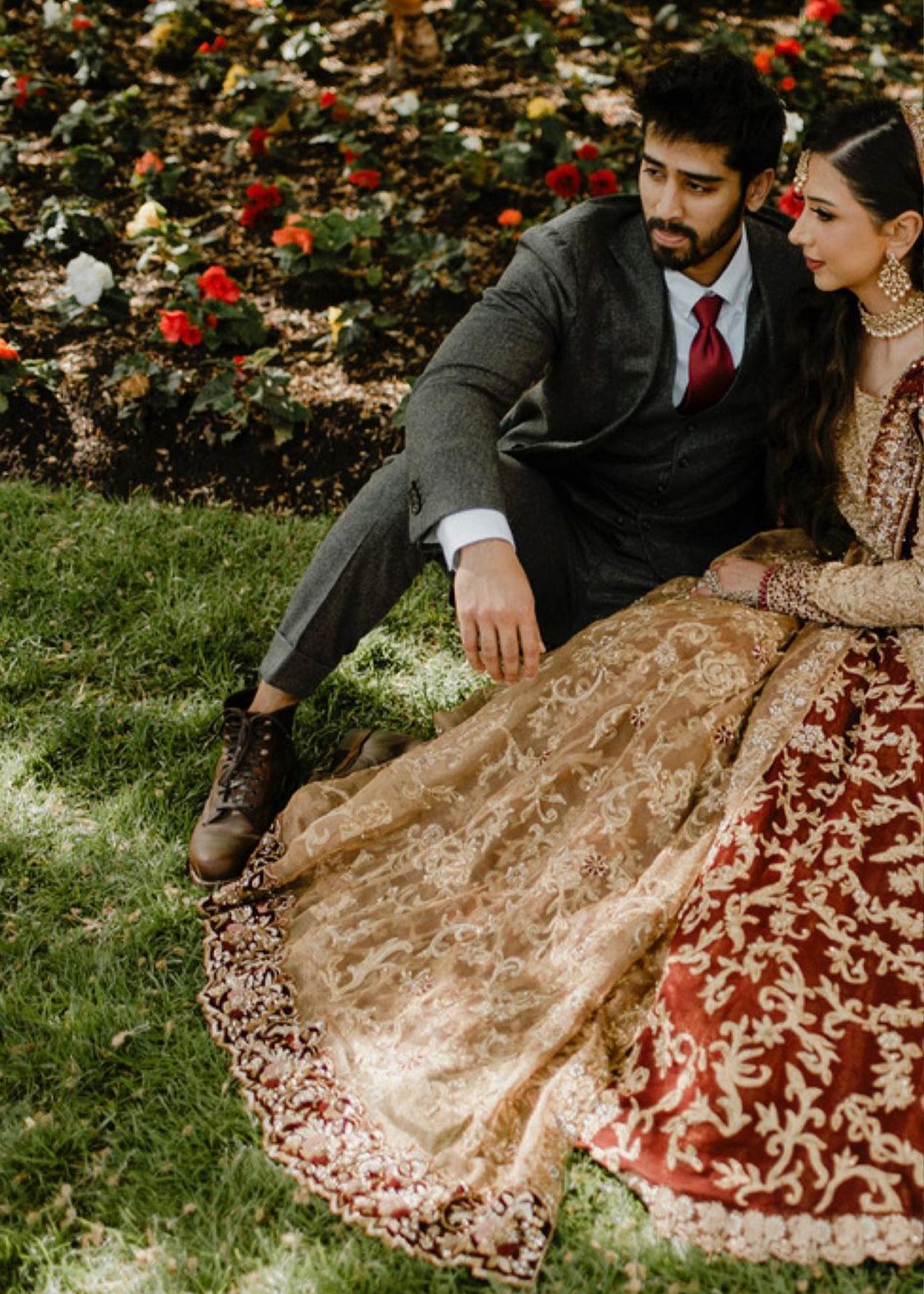 Pakistani Antique Gold & Maroon Embroidered Net Silk Lehenga (3-Piece) - Image 8