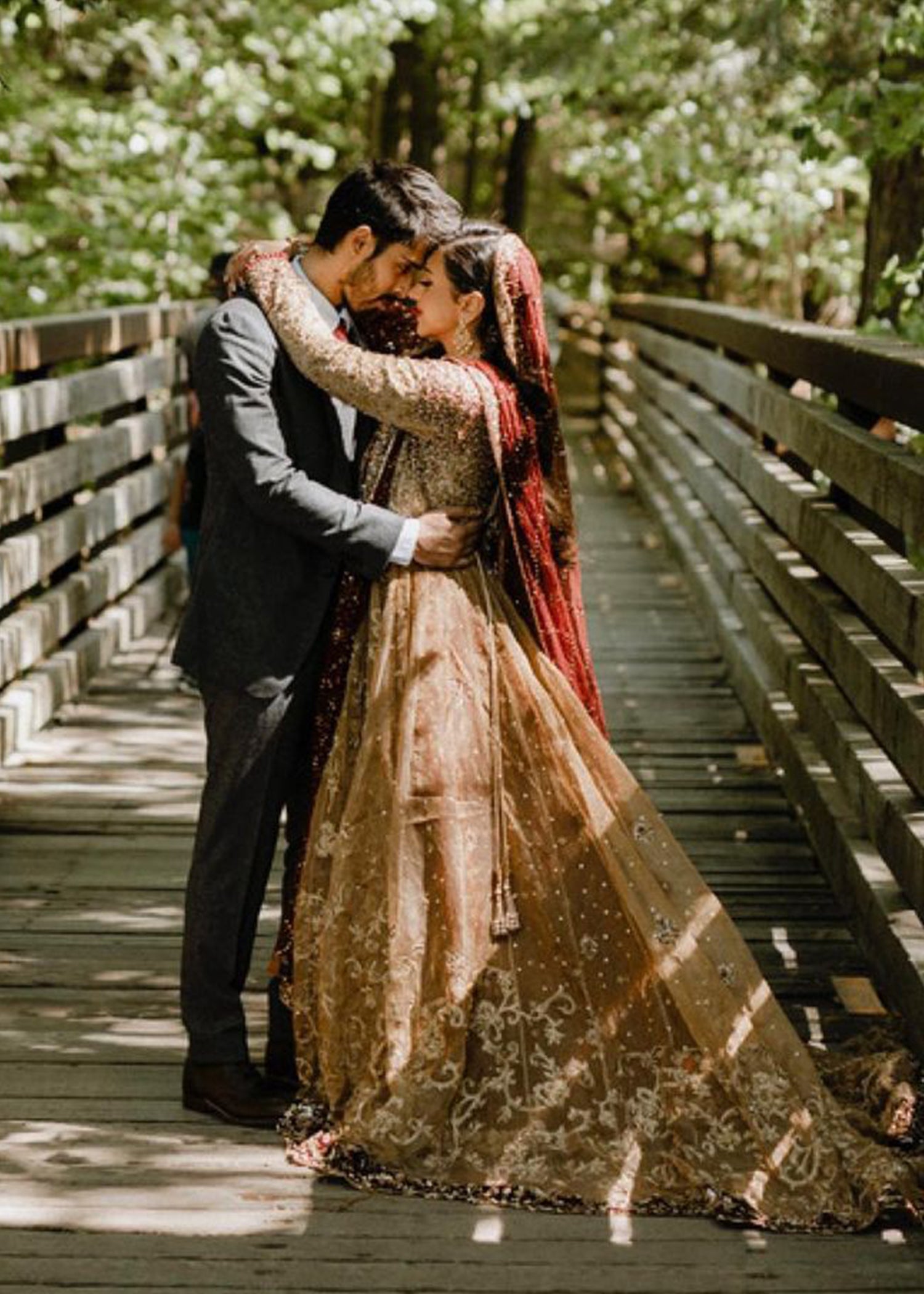 Pakistani Antique Gold & Maroon Embroidered Net Silk Lehenga (3-Piece) - Image 9