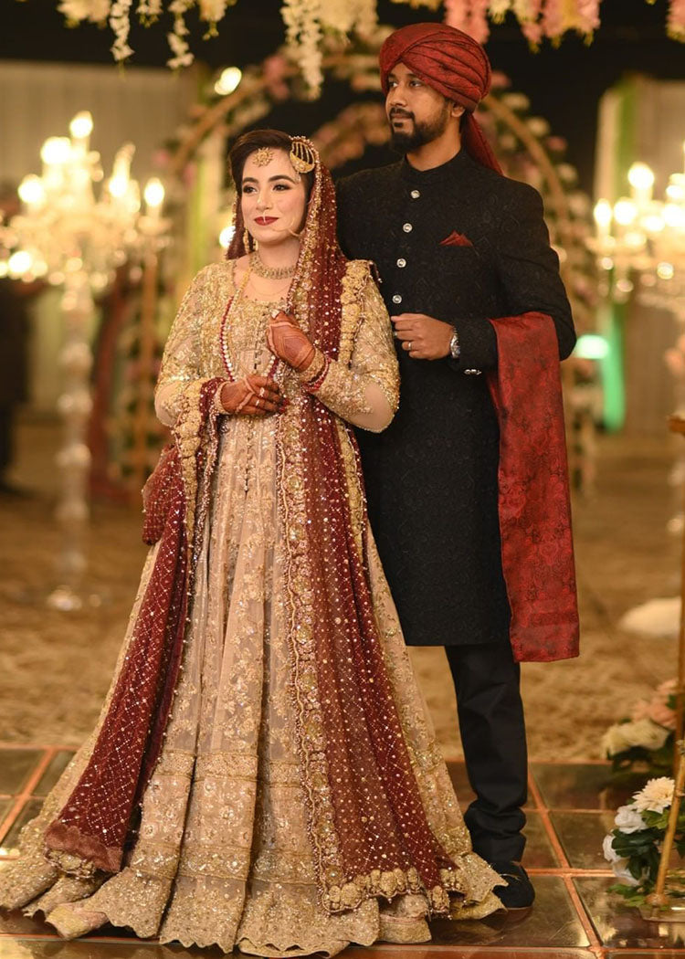 Gold and Maroon Zardozi Silk Bridal Lehenga (3-Piece) - Image 1