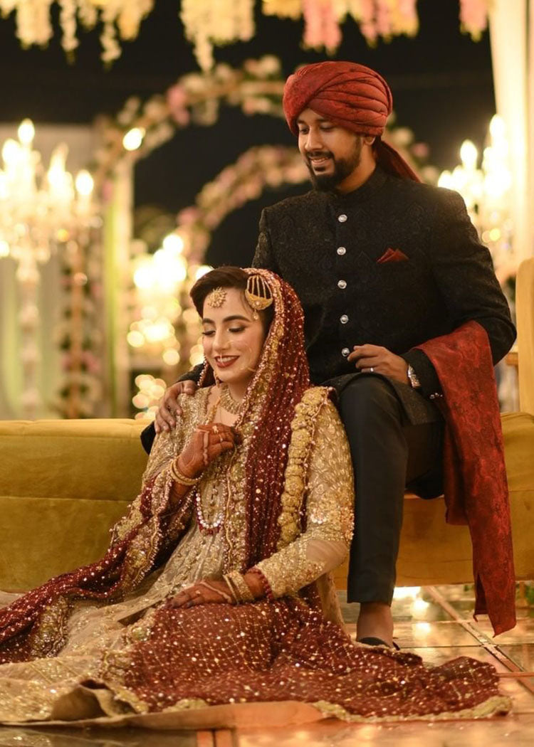 Gold and Maroon Zardozi Silk Bridal Lehenga (3-Piece) - Image 2