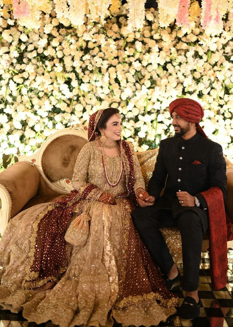 Gold and Maroon Zardozi Silk Bridal Lehenga (3-Piece) - Image 3