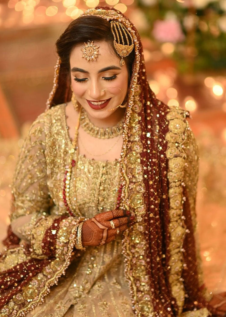Gold and Maroon Zardozi Silk Bridal Lehenga (3-Piece) - Image 5