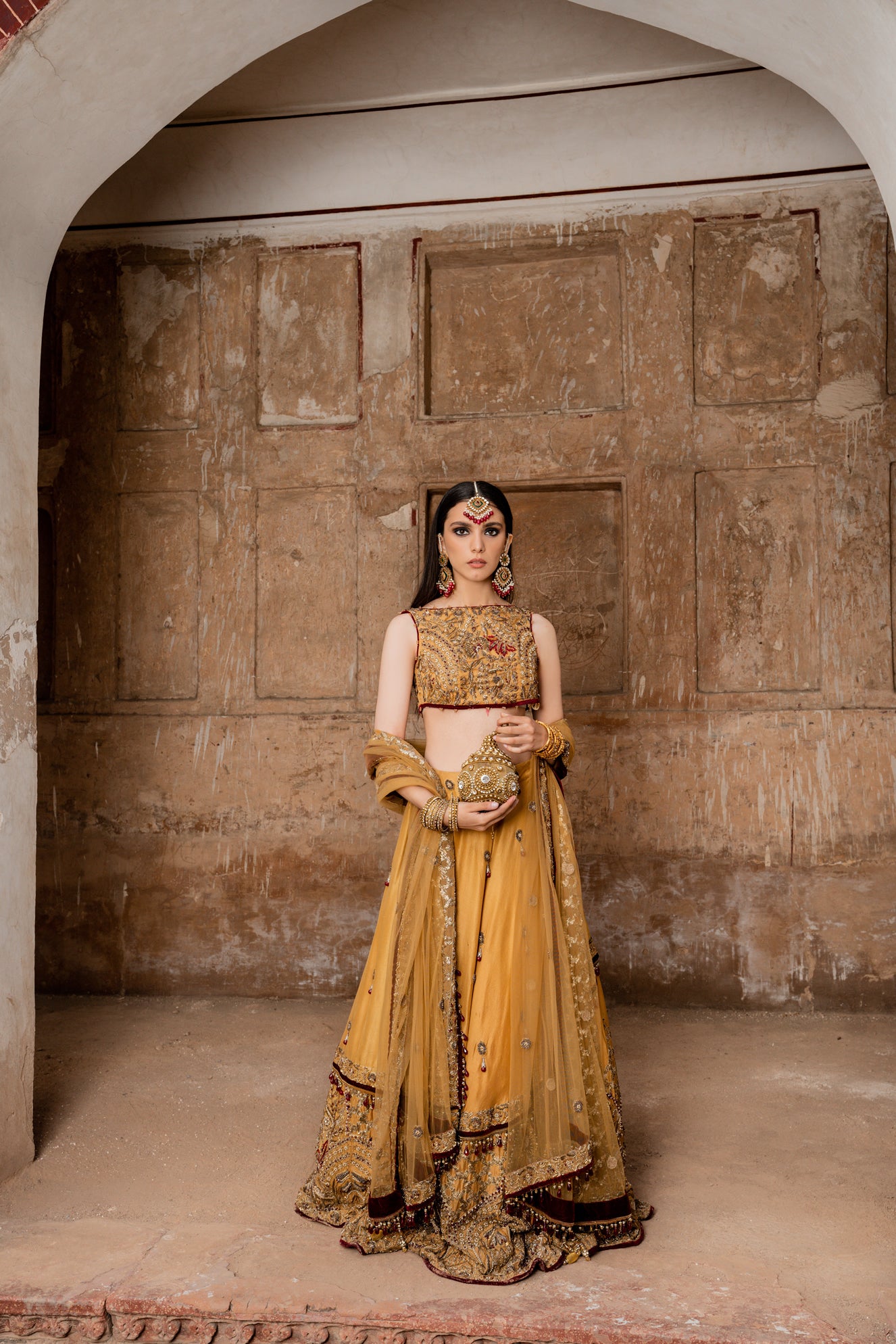 Yellow Gold Embroidered Silk Lehenga Choli (3-Piece) - Image 1