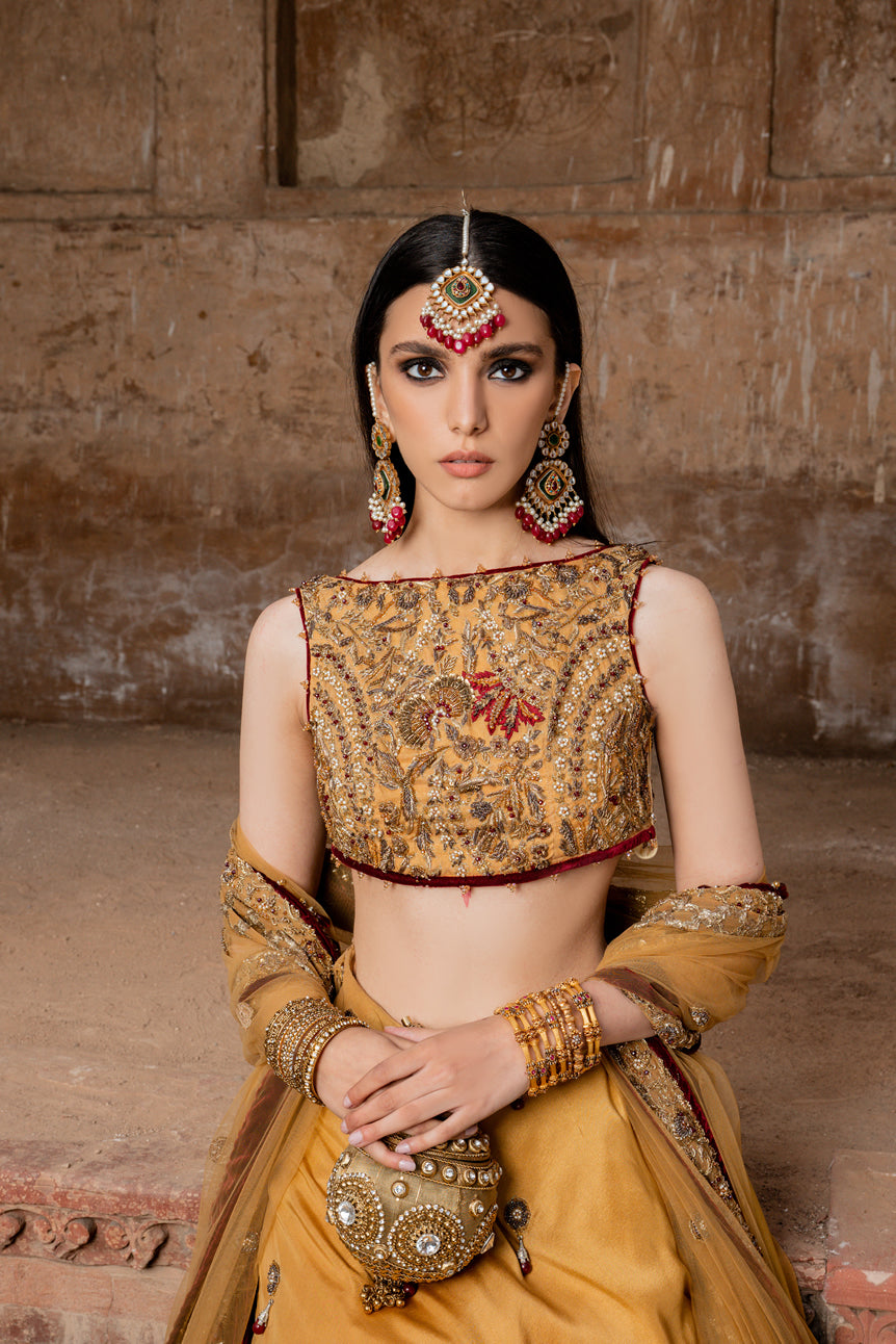 Yellow Gold Embroidered Silk Lehenga Choli (3-Piece) - Image 2