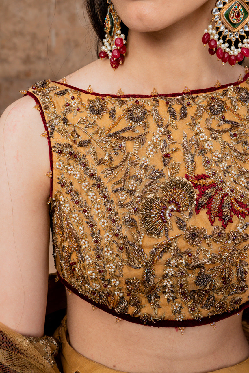 Yellow Gold Embroidered Silk Lehenga Choli (3-Piece) - Image 4