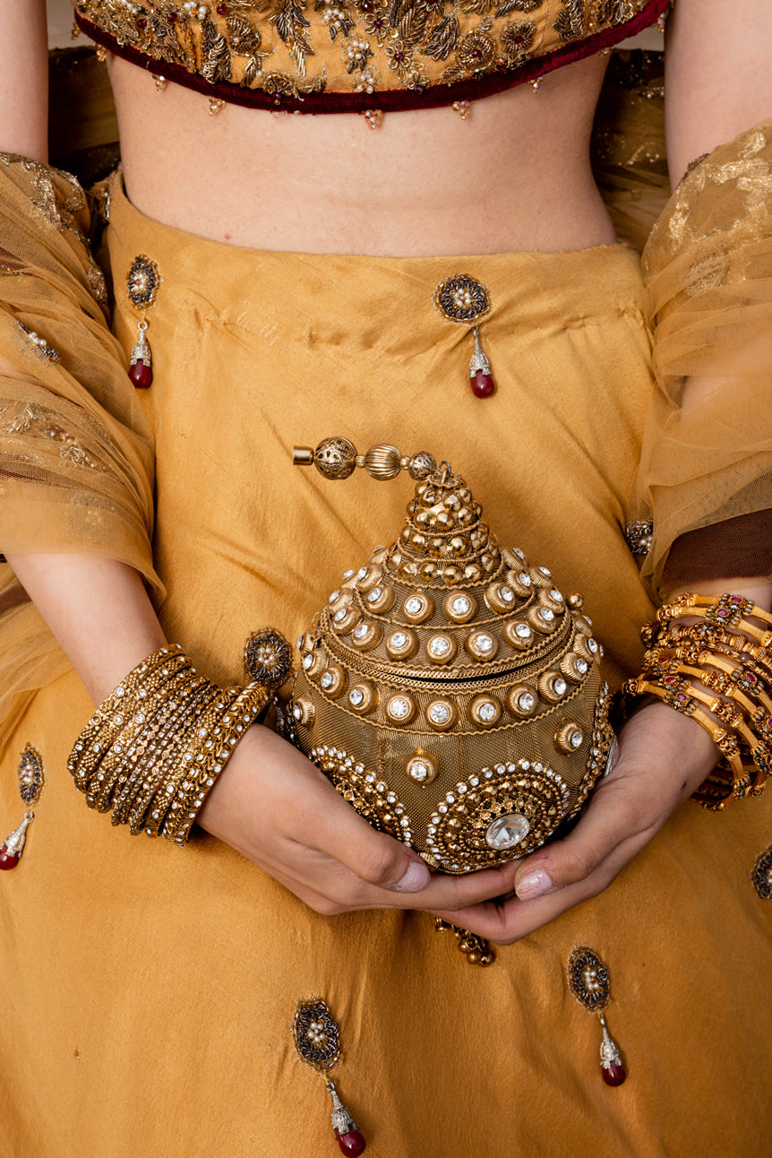 Yellow Gold Embroidered Silk Lehenga Choli (3-Piece) - Image 5