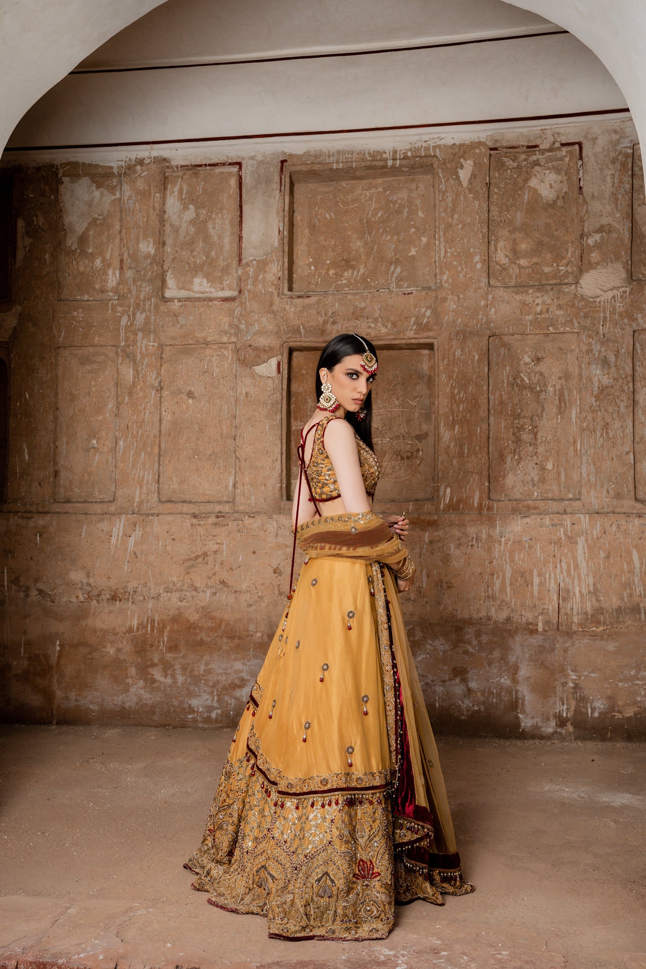 Yellow Gold Embroidered Silk Lehenga Choli (3-Piece) - Image 8