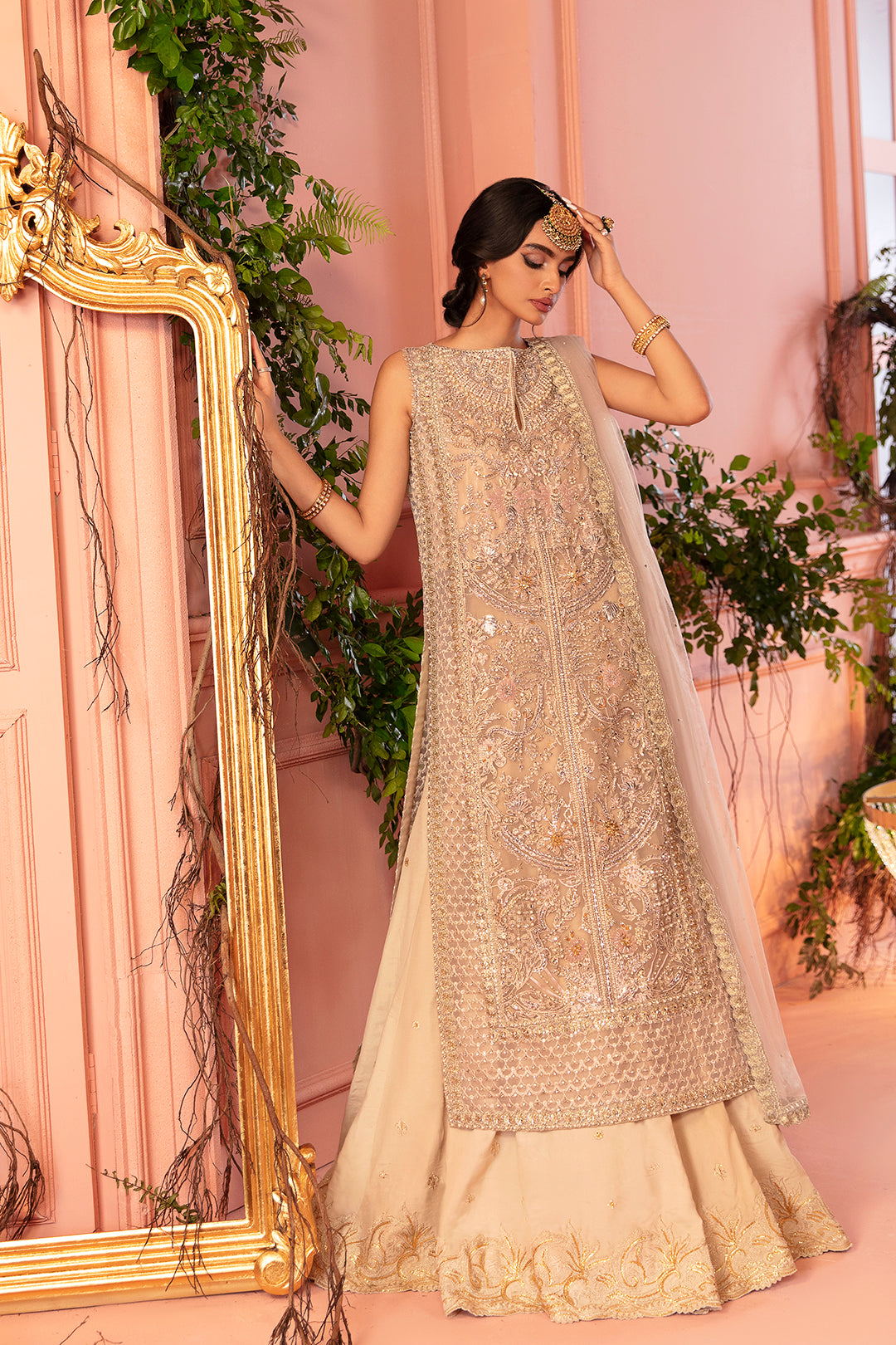 Pakistani Champagne Embellished Silk Kameez & Lehenga (3-Piece) - Image 1