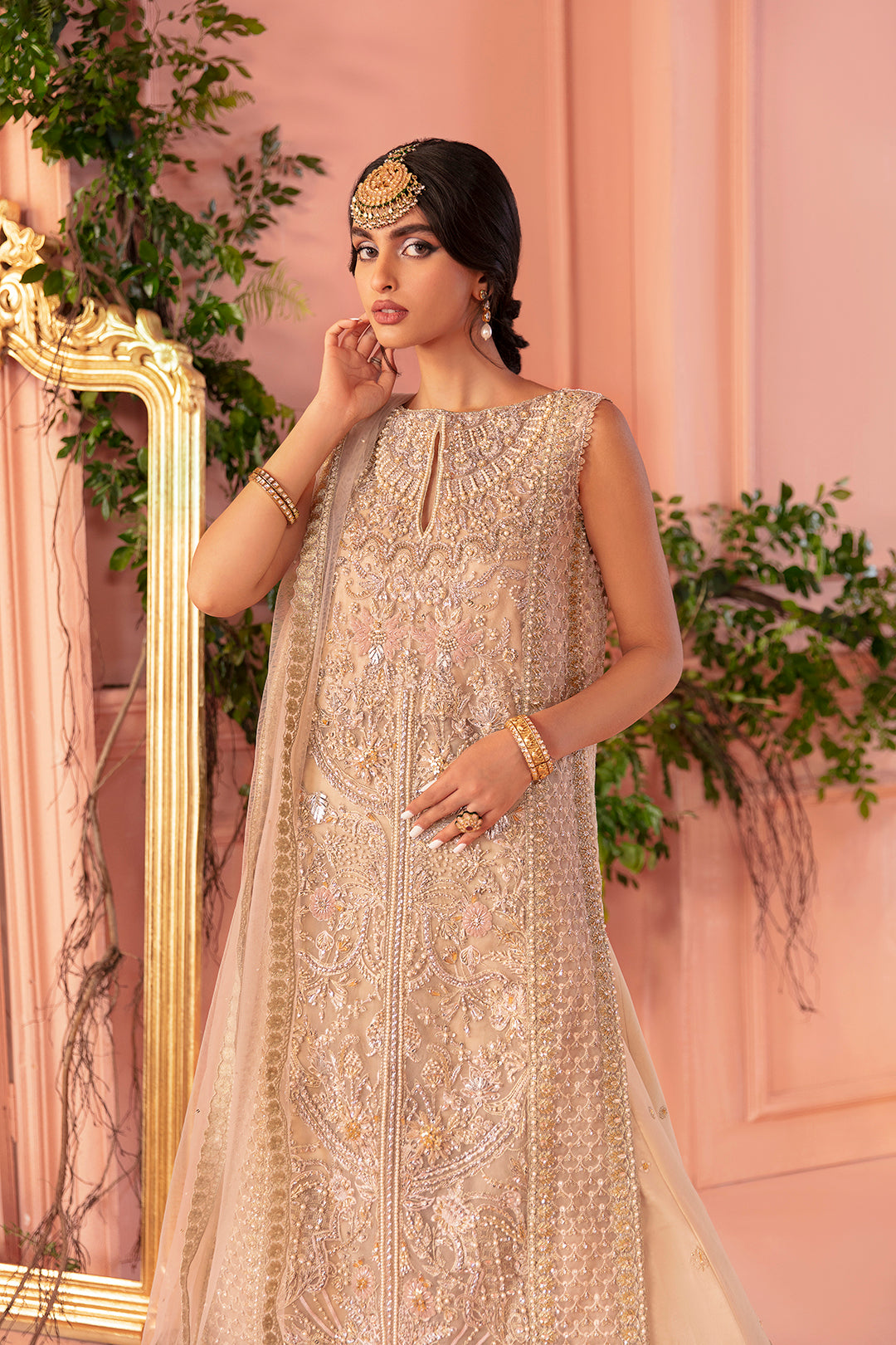 Pakistani Champagne Embellished Silk Kameez & Lehenga (3-Piece) - Image 2