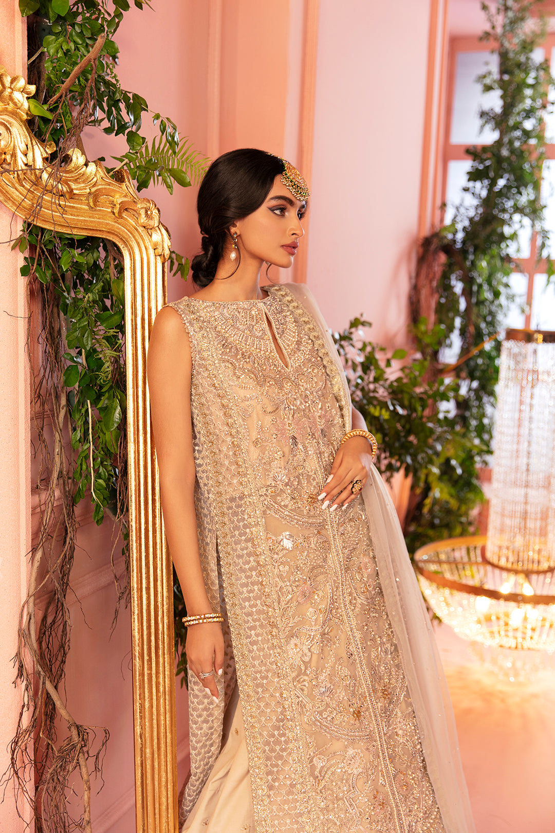 Pakistani Champagne Embellished Silk Kameez & Lehenga (3-Piece) - Image 3