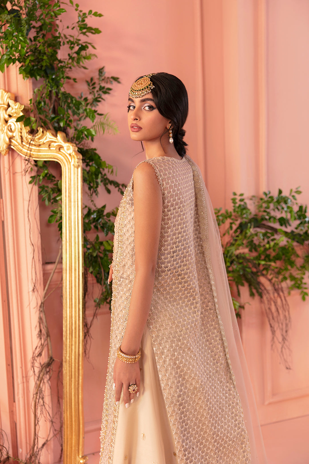 Pakistani Champagne Embellished Silk Kameez & Lehenga (3-Piece) - Image 4