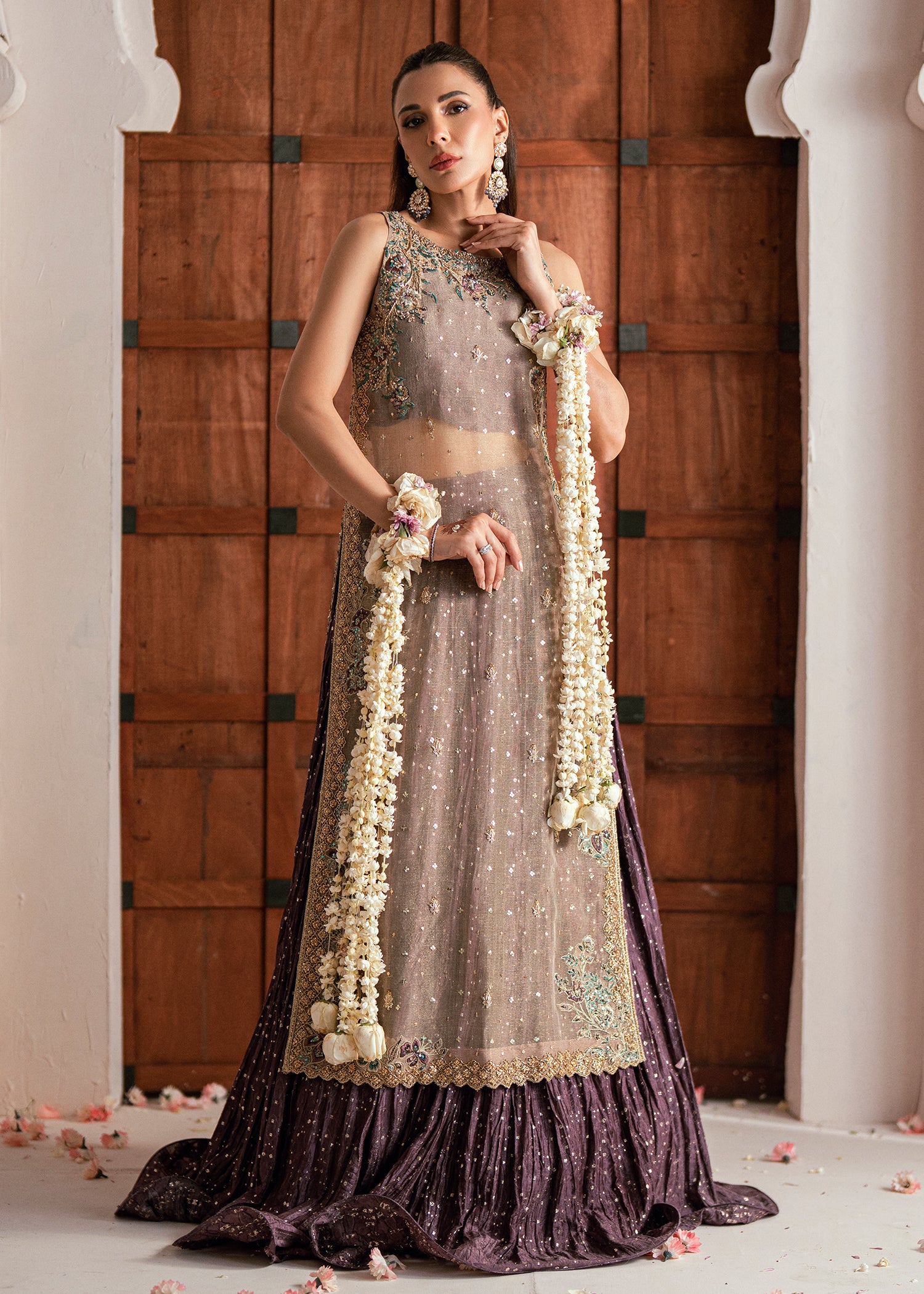 Pakistani Champagne Gold Embroidered Silk Meysuri Lehenga (3-Piece) - Image 1