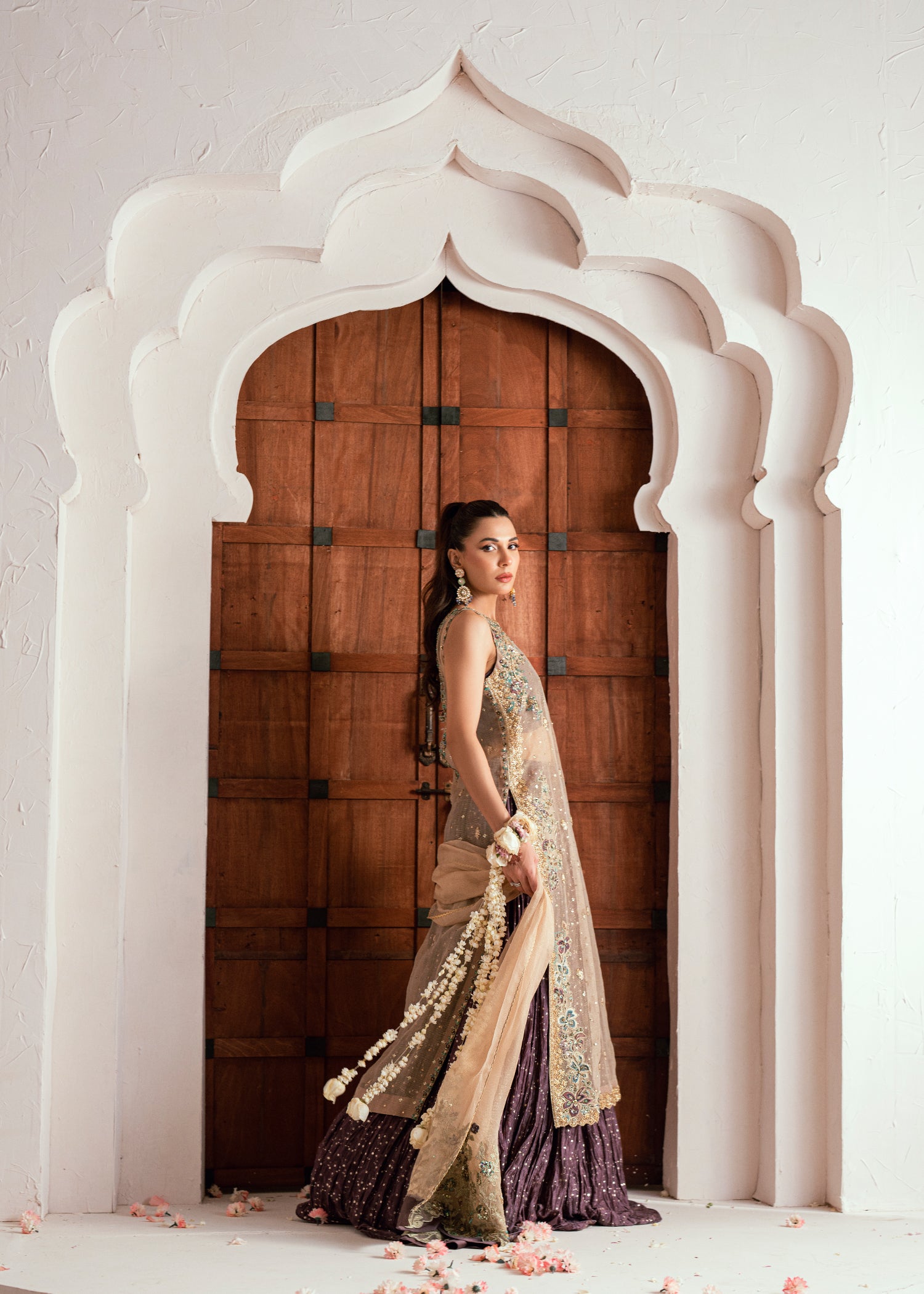 Pakistani Champagne Gold Embroidered Silk Meysuri Lehenga (3-Piece) - Image 10