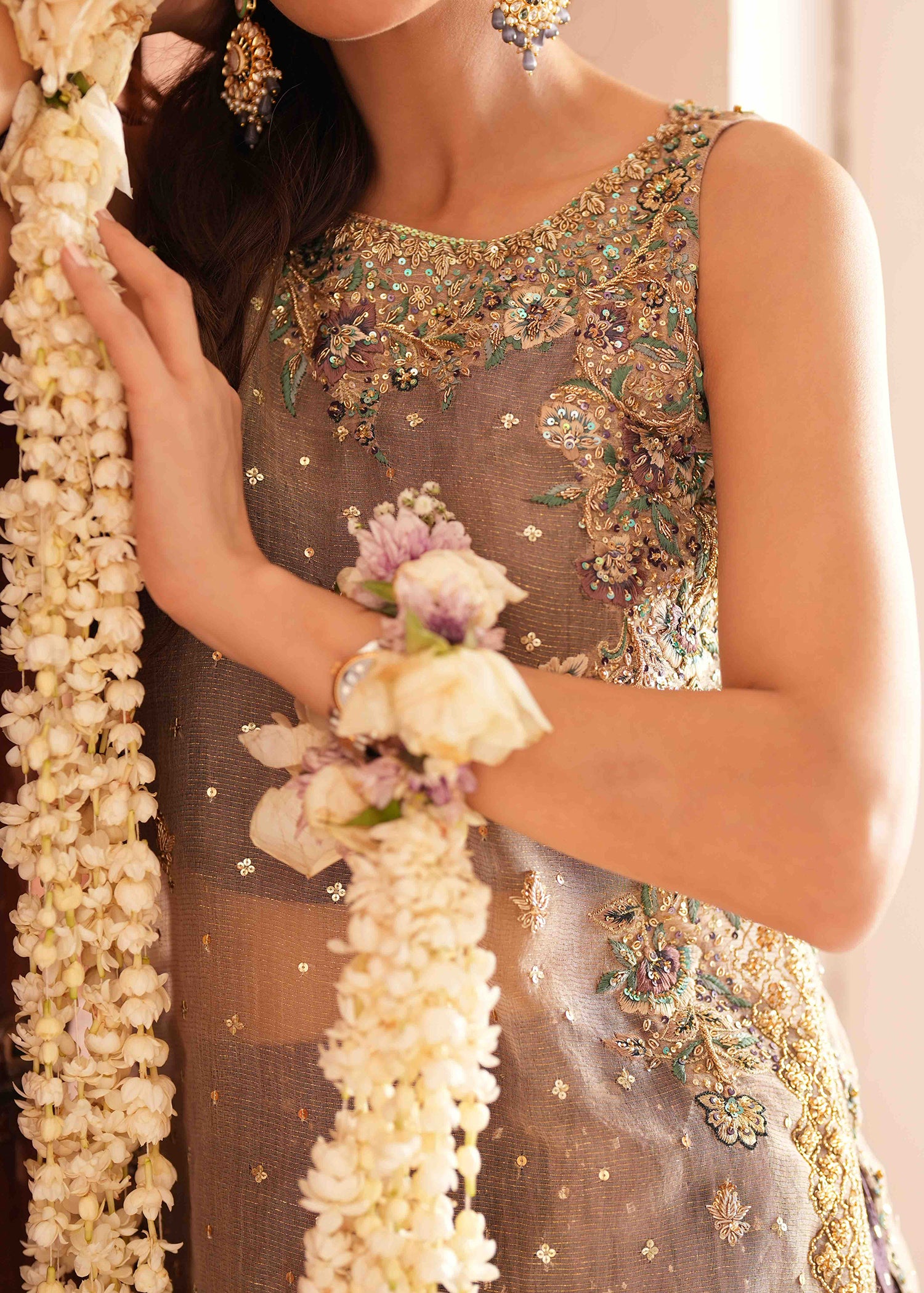 Pakistani Champagne Gold Embroidered Silk Meysuri Lehenga (3-Piece) - Image 11