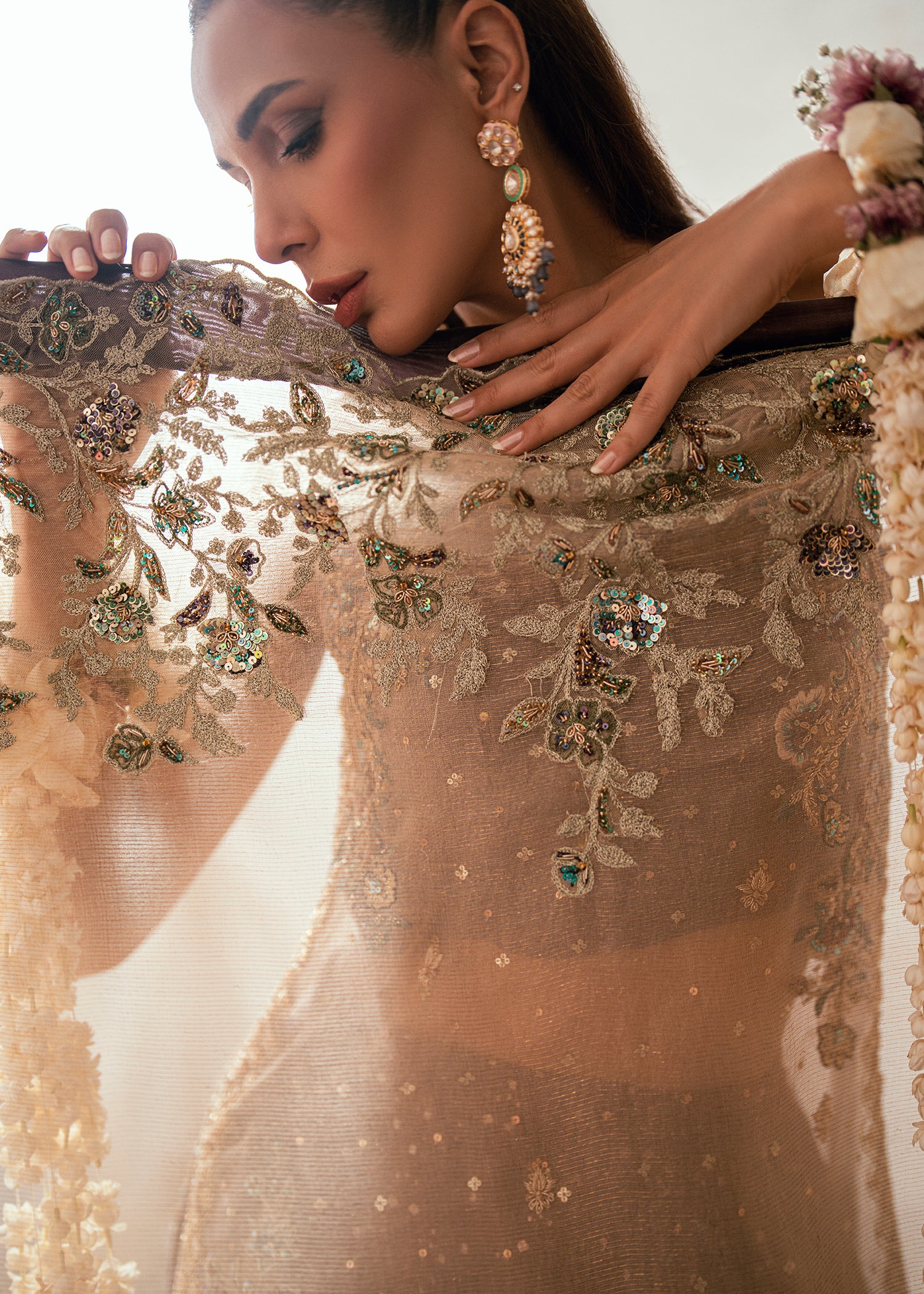 Pakistani Champagne Gold Embroidered Silk Meysuri Lehenga (3-Piece) - Image 12