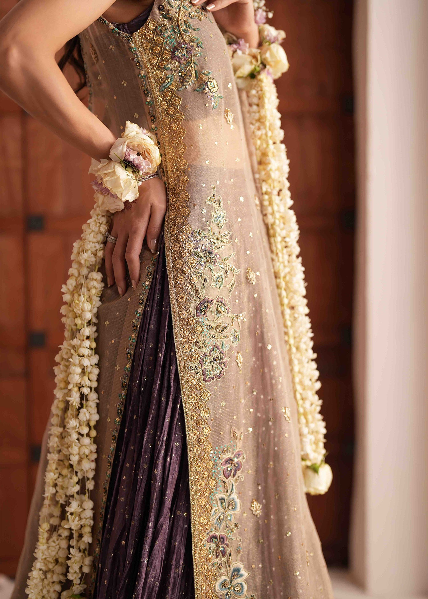 Pakistani Champagne Gold Embroidered Silk Meysuri Lehenga (3-Piece) - Image 2