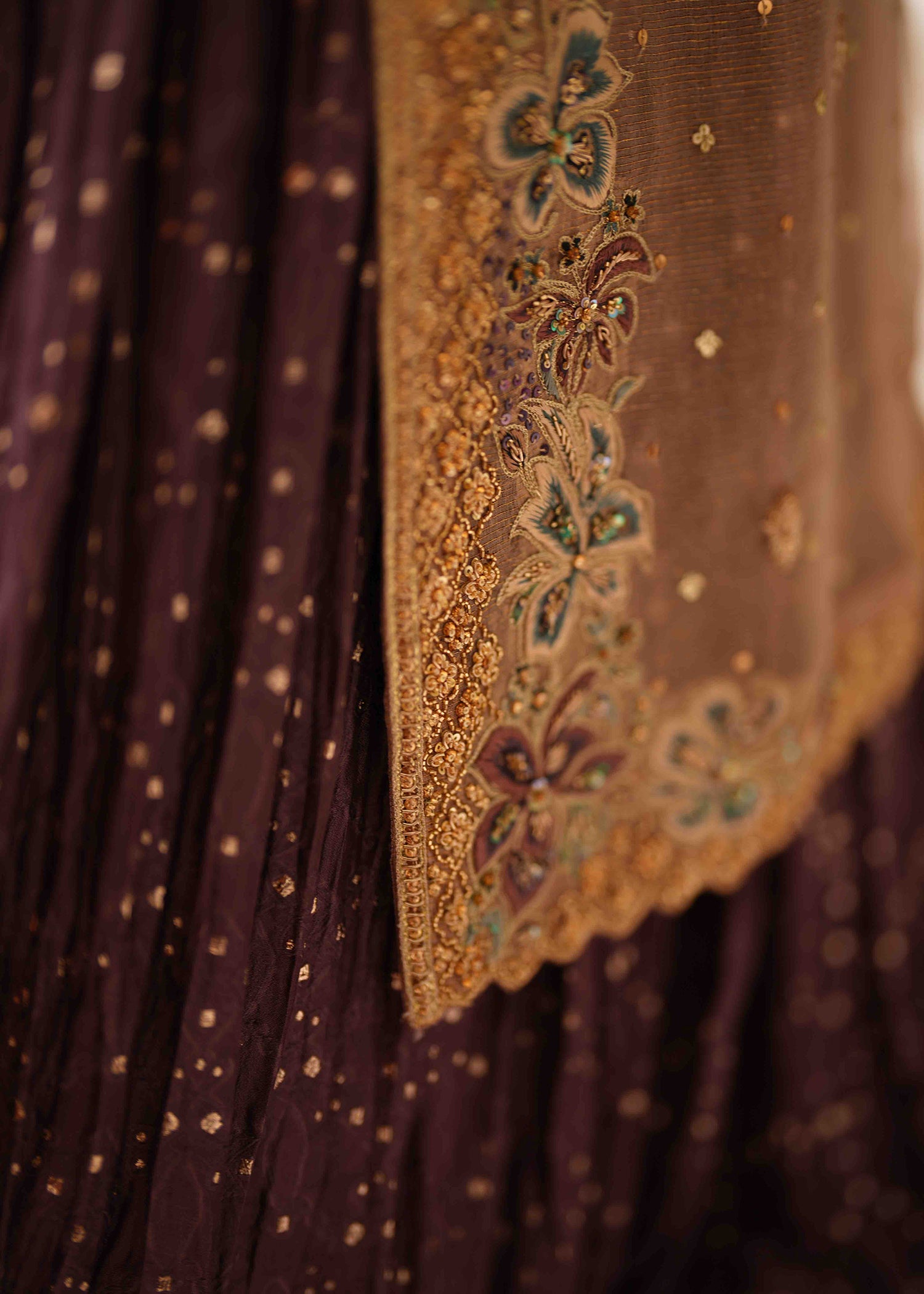 Pakistani Champagne Gold Embroidered Silk Meysuri Lehenga (3-Piece) - Image 3