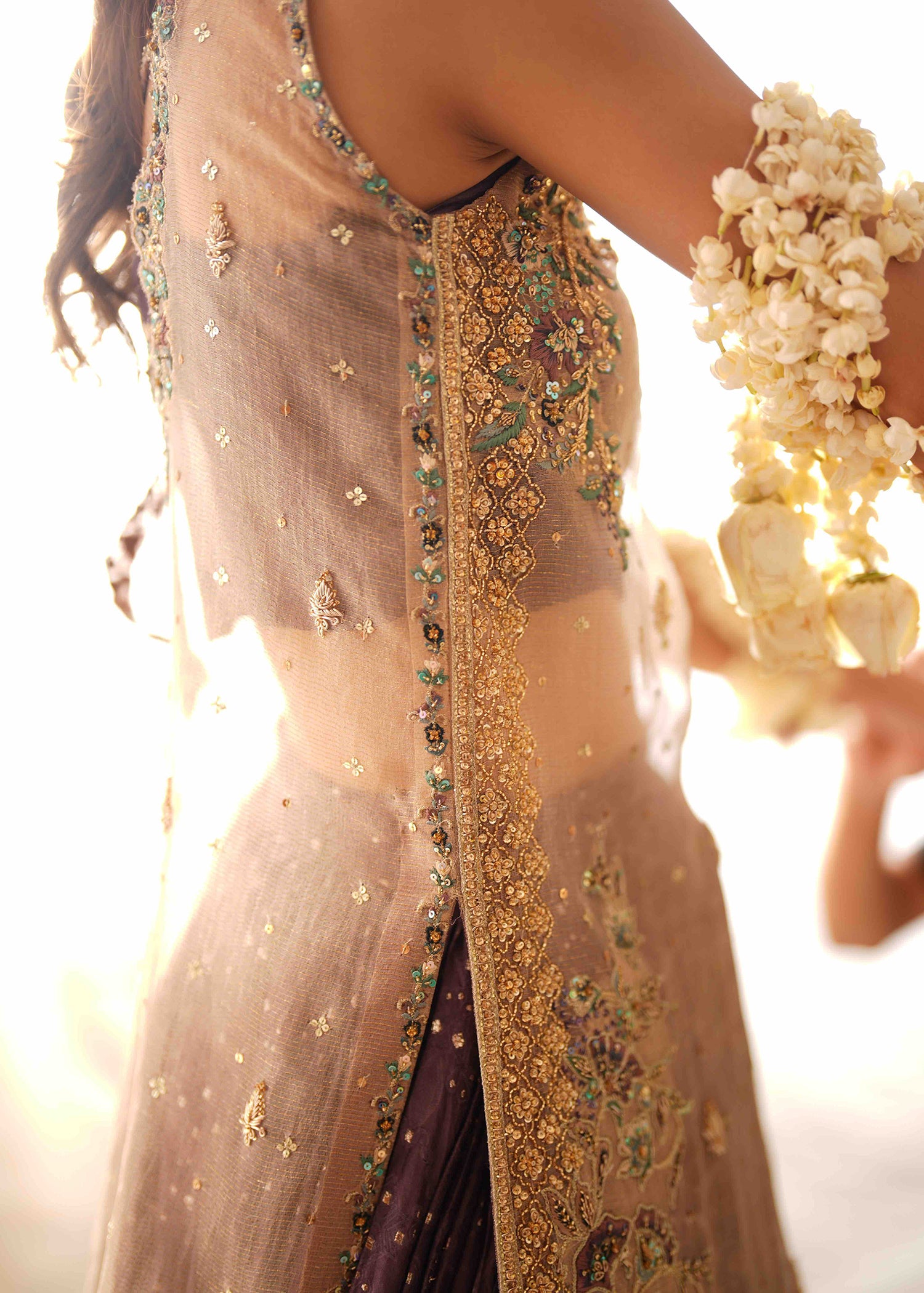 Pakistani Champagne Gold Embroidered Silk Meysuri Lehenga (3-Piece) - Image 4