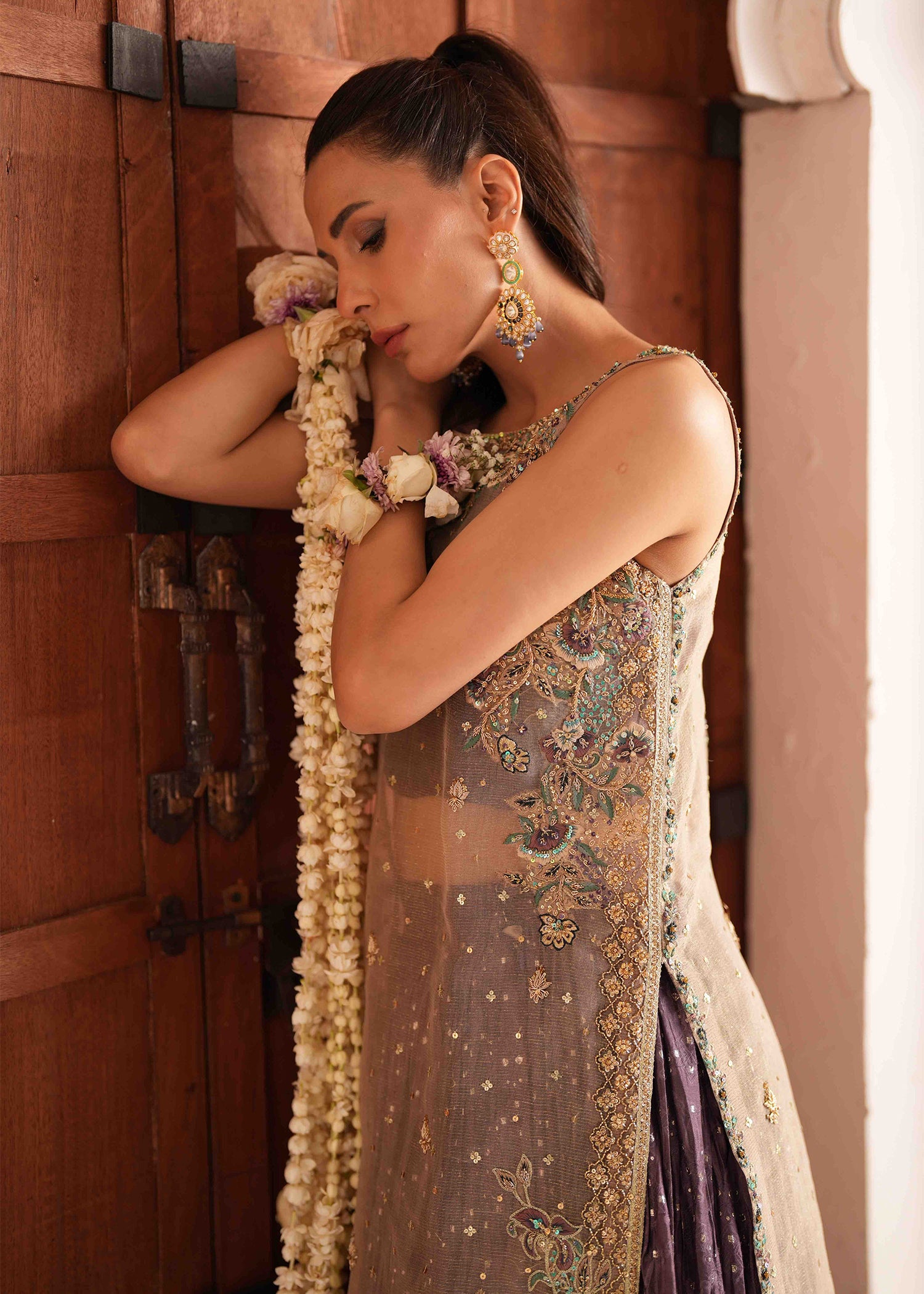 Pakistani Champagne Gold Embroidered Silk Meysuri Lehenga (3-Piece) - Image 6