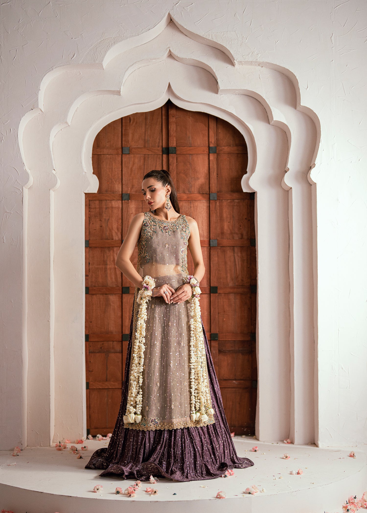 Pakistani Champagne Gold Embroidered Silk Meysuri Lehenga (3-Piece) - Image 7