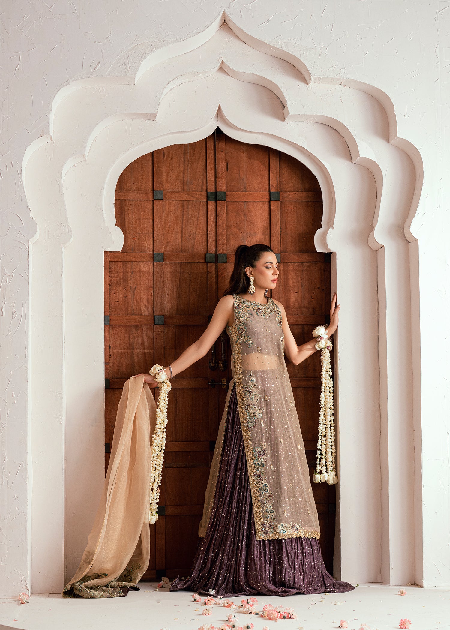 Pakistani Champagne Gold Embroidered Silk Meysuri Lehenga (3-Piece) - Image 8