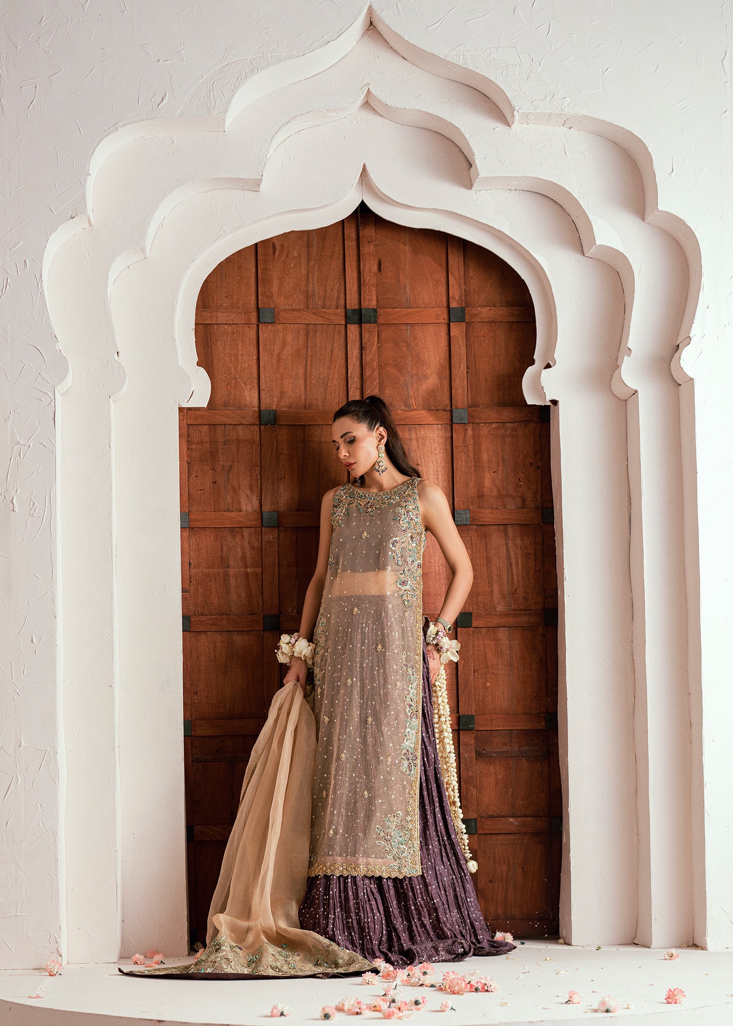 Pakistani Champagne Gold Embroidered Silk Meysuri Lehenga (3-Piece) - Image 9