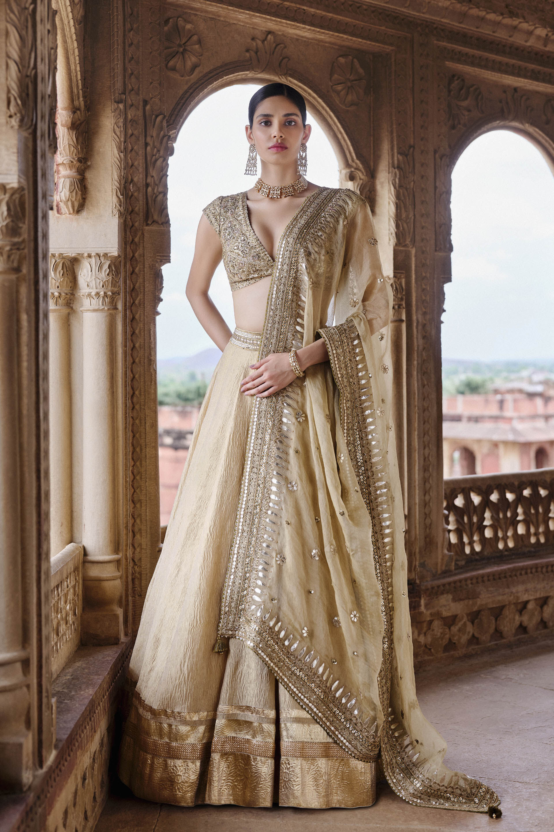Gold Embroidered Silk Lehenga Set (3-Piece) - Image 1