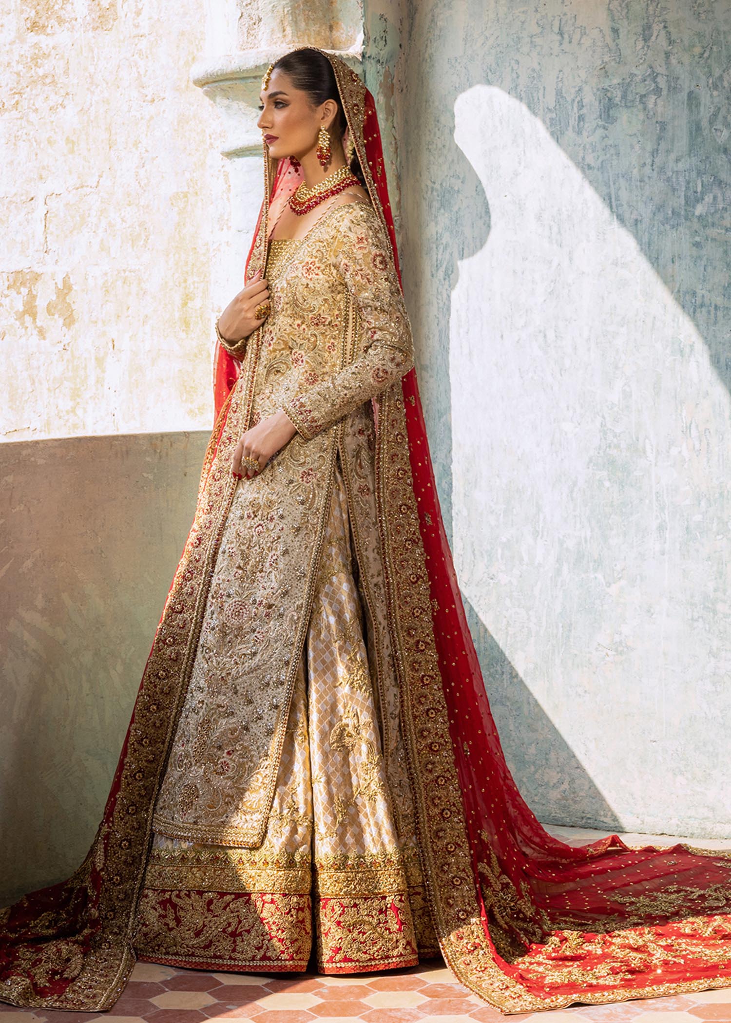 Ivory Gold Embroidered Silk Khadi Bridal Jacket Lehenga (3-Piece) - Image 2