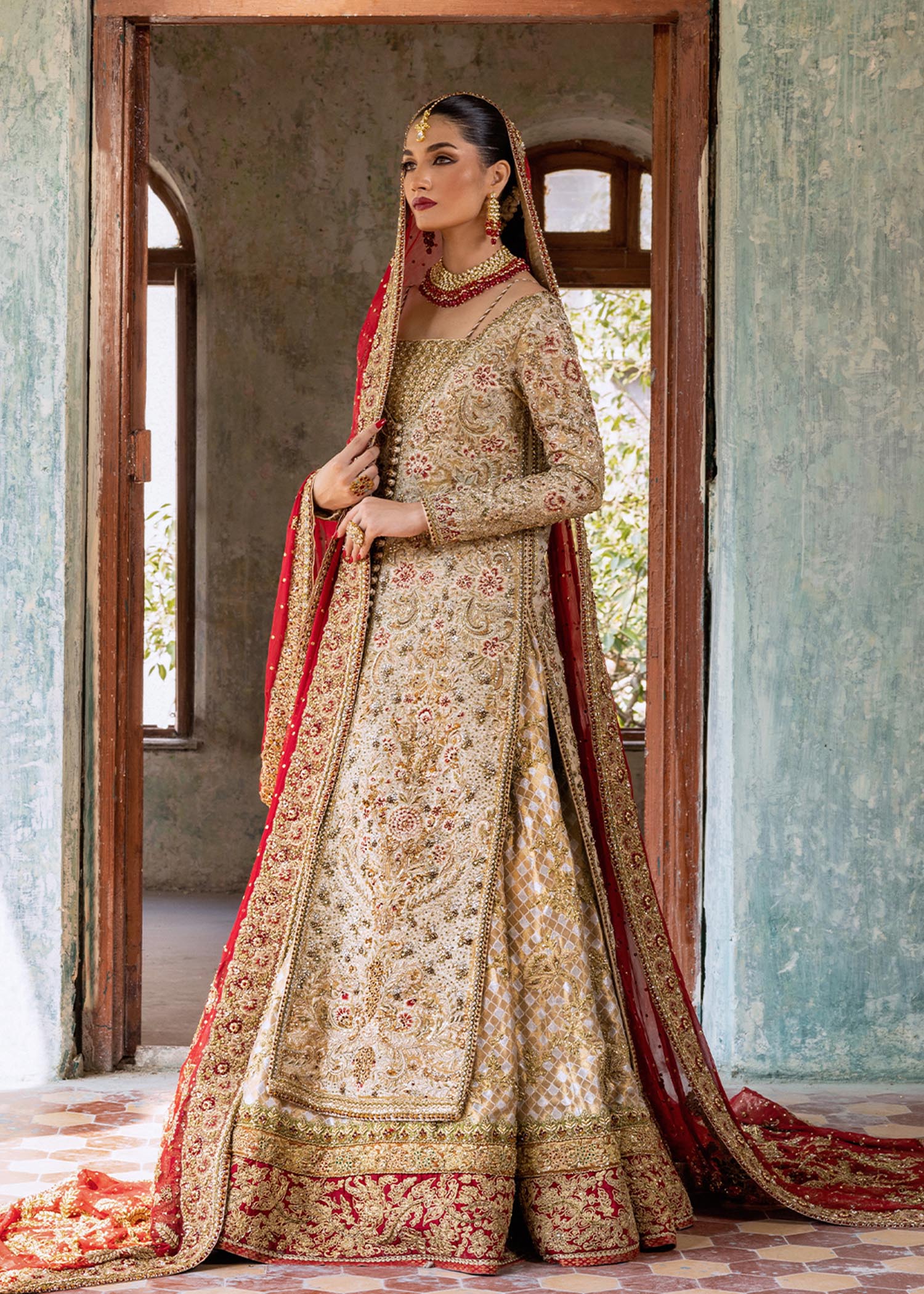 Ivory Gold Embroidered Silk Khadi Bridal Jacket Lehenga (3-Piece) - Image 5