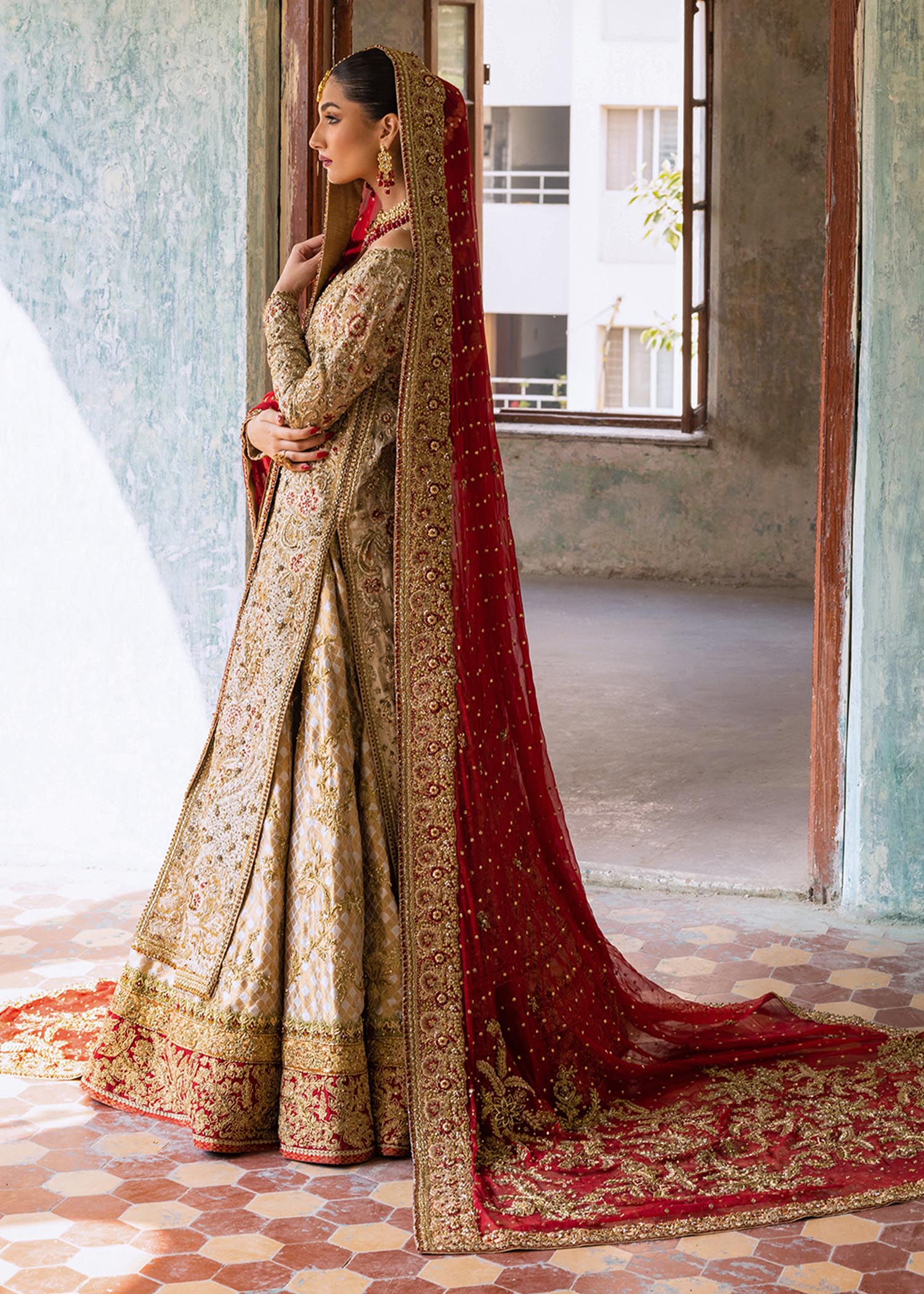 Ivory Gold Embroidered Silk Khadi Bridal Jacket Lehenga (3-Piece) - Image 8