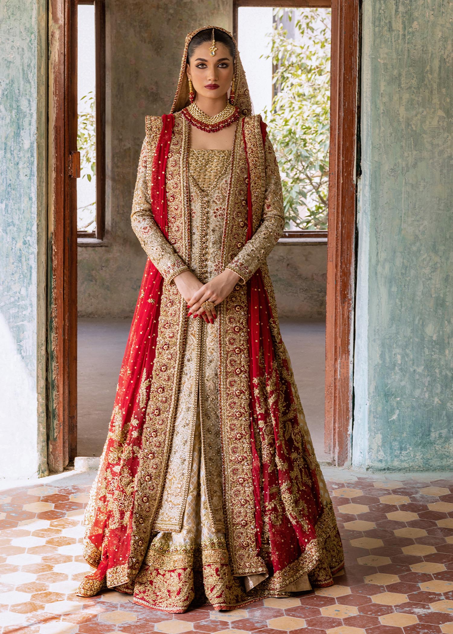 Ivory Gold Embroidered Silk Khadi Bridal Jacket Lehenga (3-Piece) - Image 1