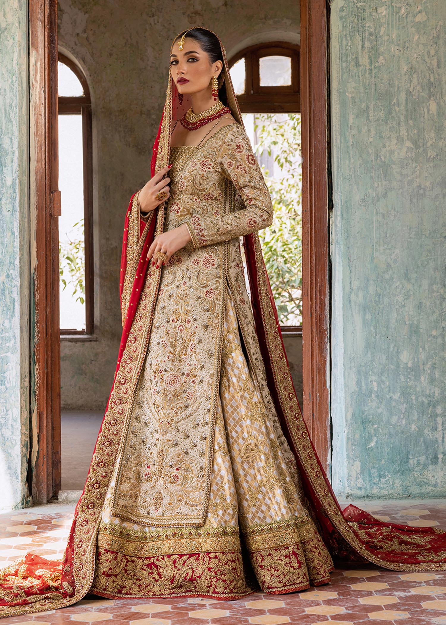 Ivory Gold Embroidered Silk Khadi Bridal Jacket Lehenga (3-Piece) - Image 3